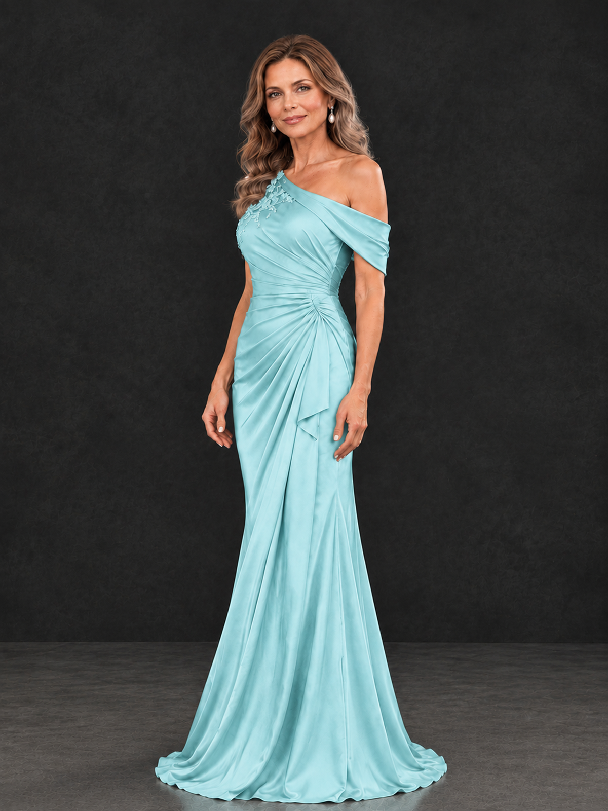BOLODOO Aqua Blue Asymmetric Satin Mother of the Bride Dress with Lace Sleeve - Aqua Blue - Aqua Blue (3)