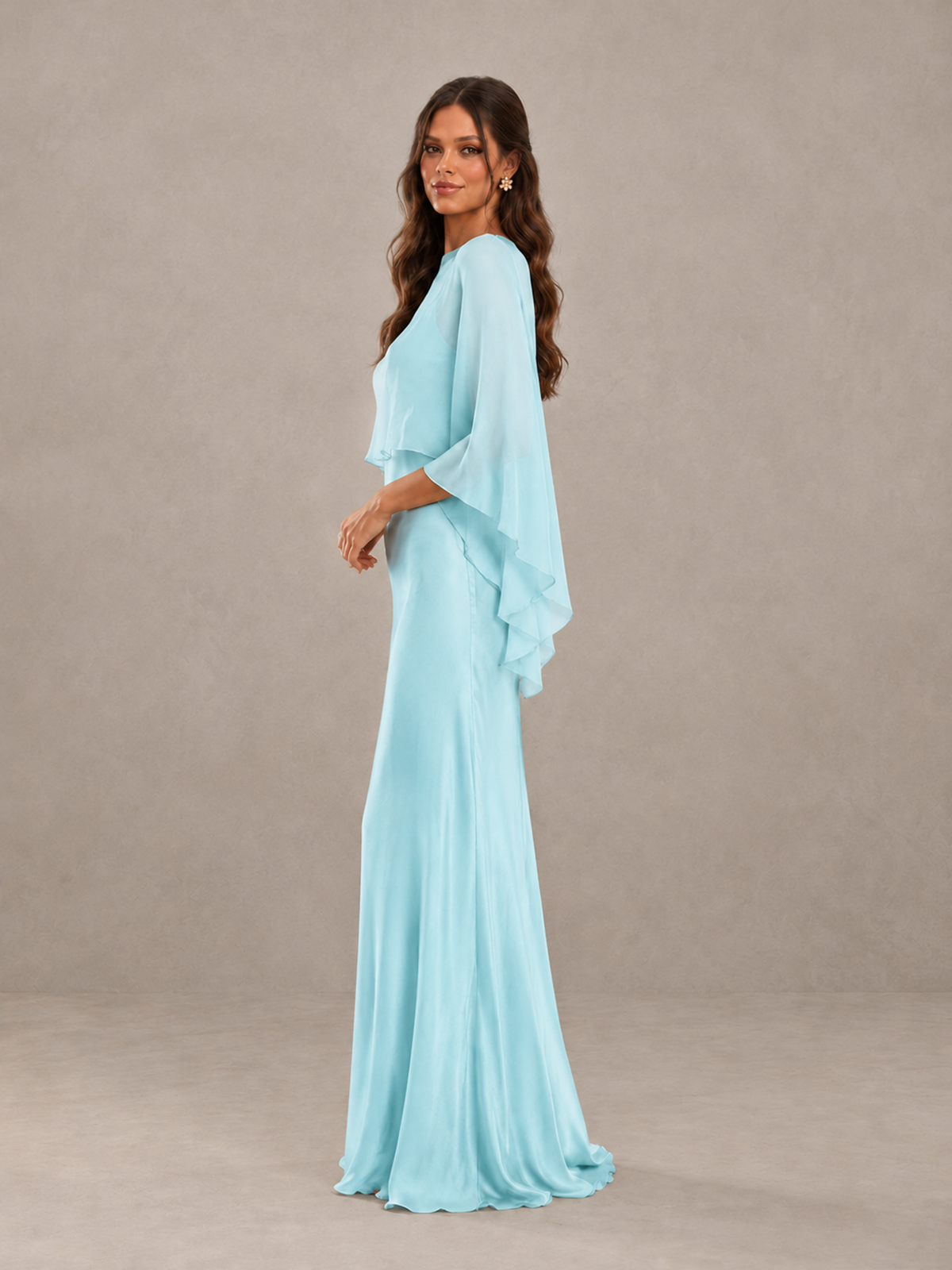 BOLODOO Aqua Blue Satin Mermaid Bridesmaid Dress with Chiffon Cape - Aqua Blue - Aqua Blue (3)
