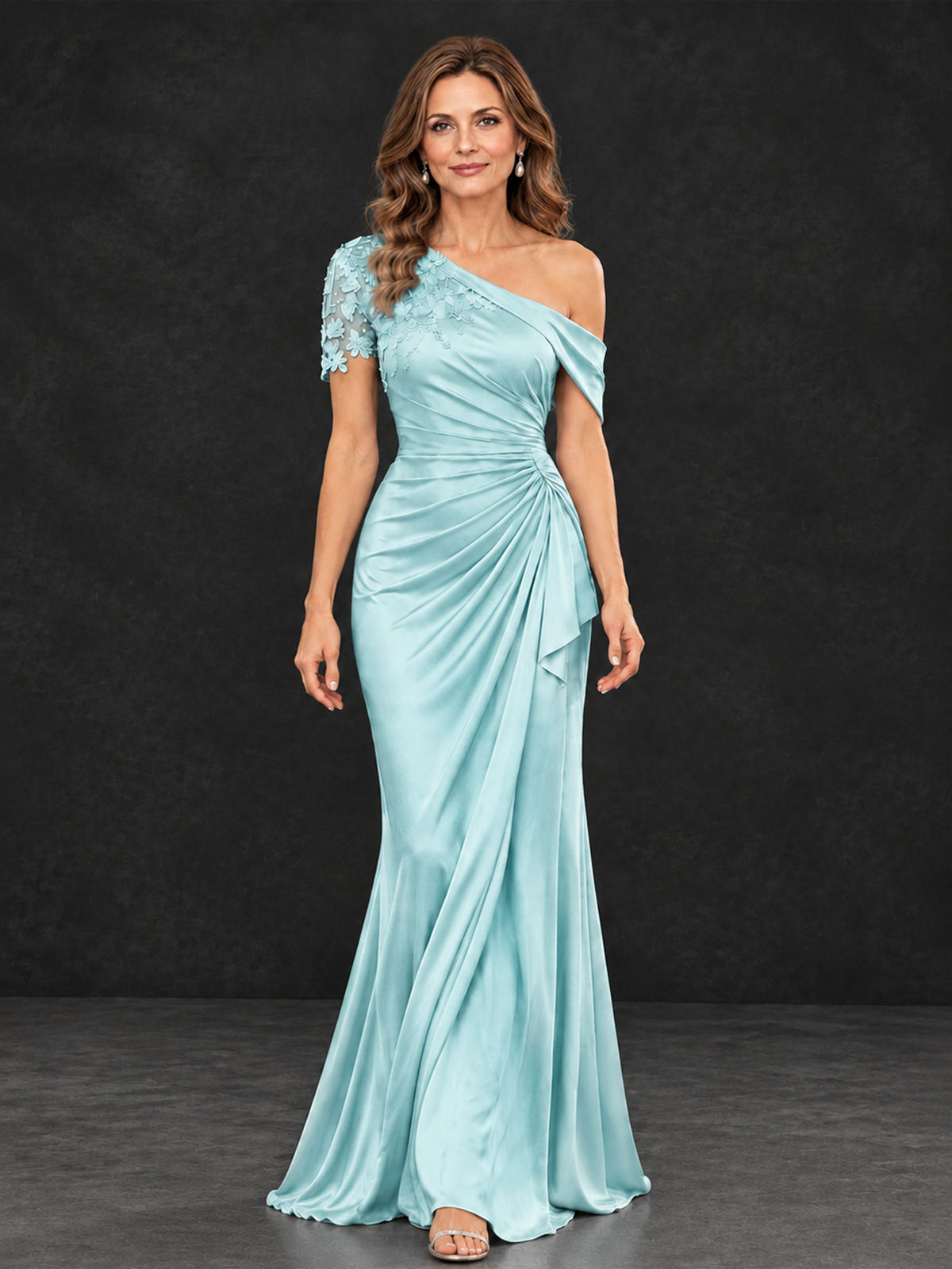 BOLODOO Aqua Blue Asymmetric Satin Mother of the Bride Dress with Lace Sleeve - Aqua Blue - Aqua Blue (4)
