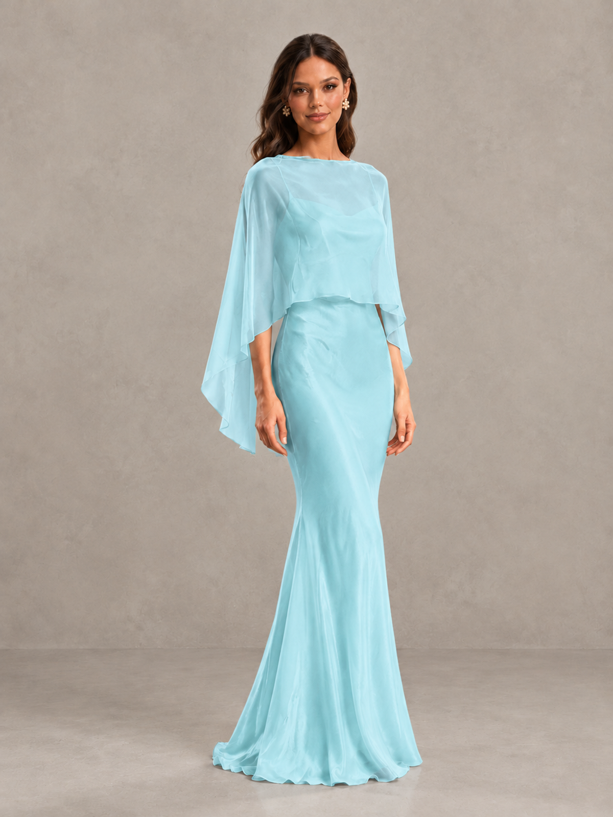 BOLODOO Aqua Blue Satin Mermaid Bridesmaid Dress with Chiffon Cape - Aqua Blue - Aqua Blue (4)