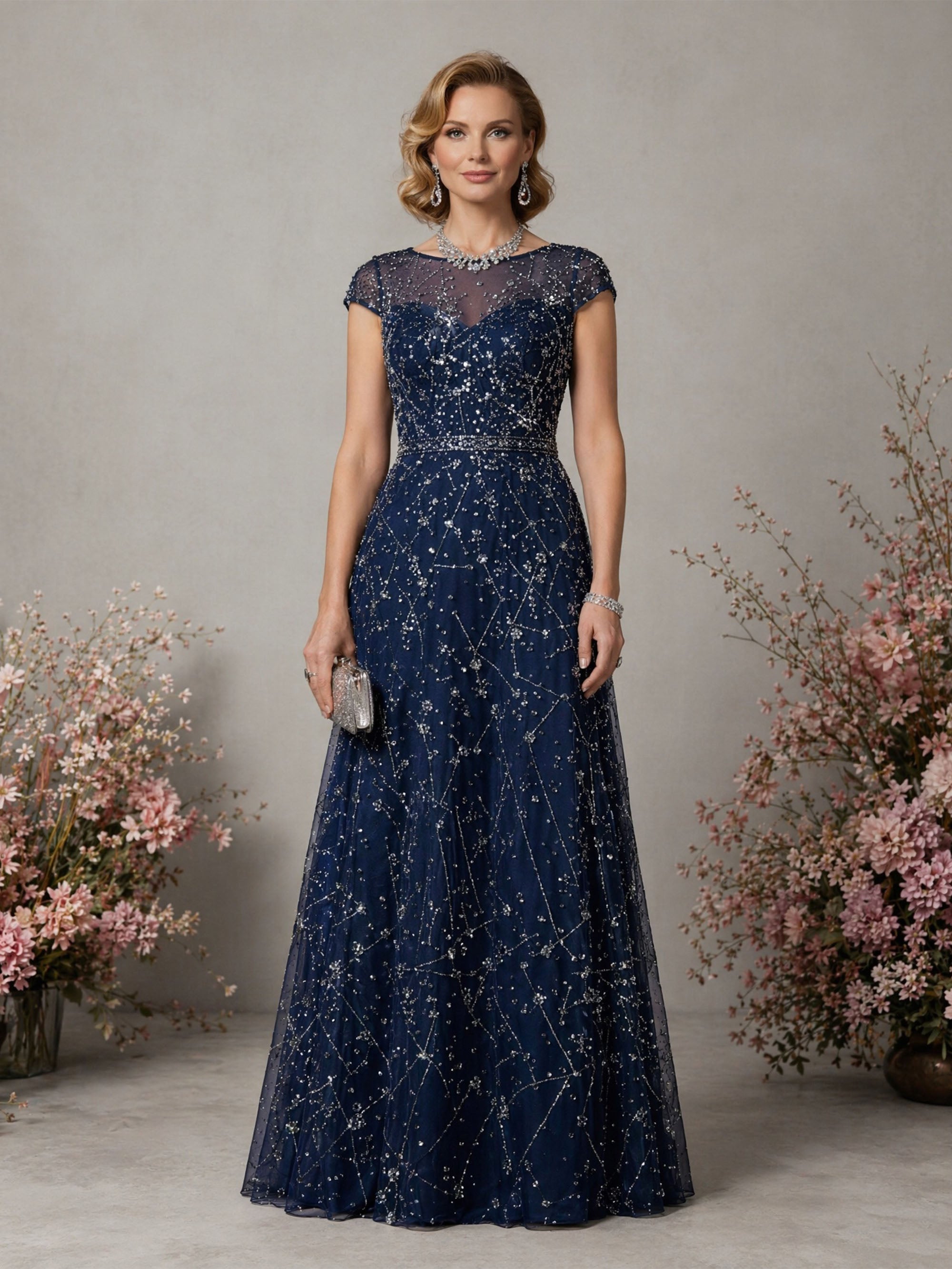 BOLODOO Navy Blue Constellation Sequin Beaded Illusion Bateau Neck Cap Sleeve A-Line Maxi Dress - Front Full Length Static View