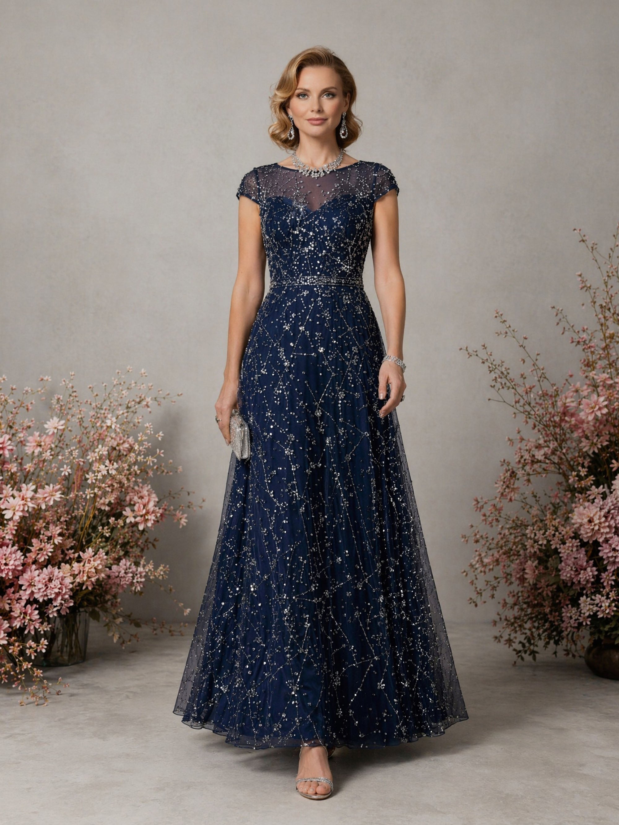 BOLODOO Navy Blue Constellation Sequin Beaded Illusion Bateau Neck Cap Sleeve A-Line Maxi Dress - Front Full Length Relaxed Pose showing Full Skirt