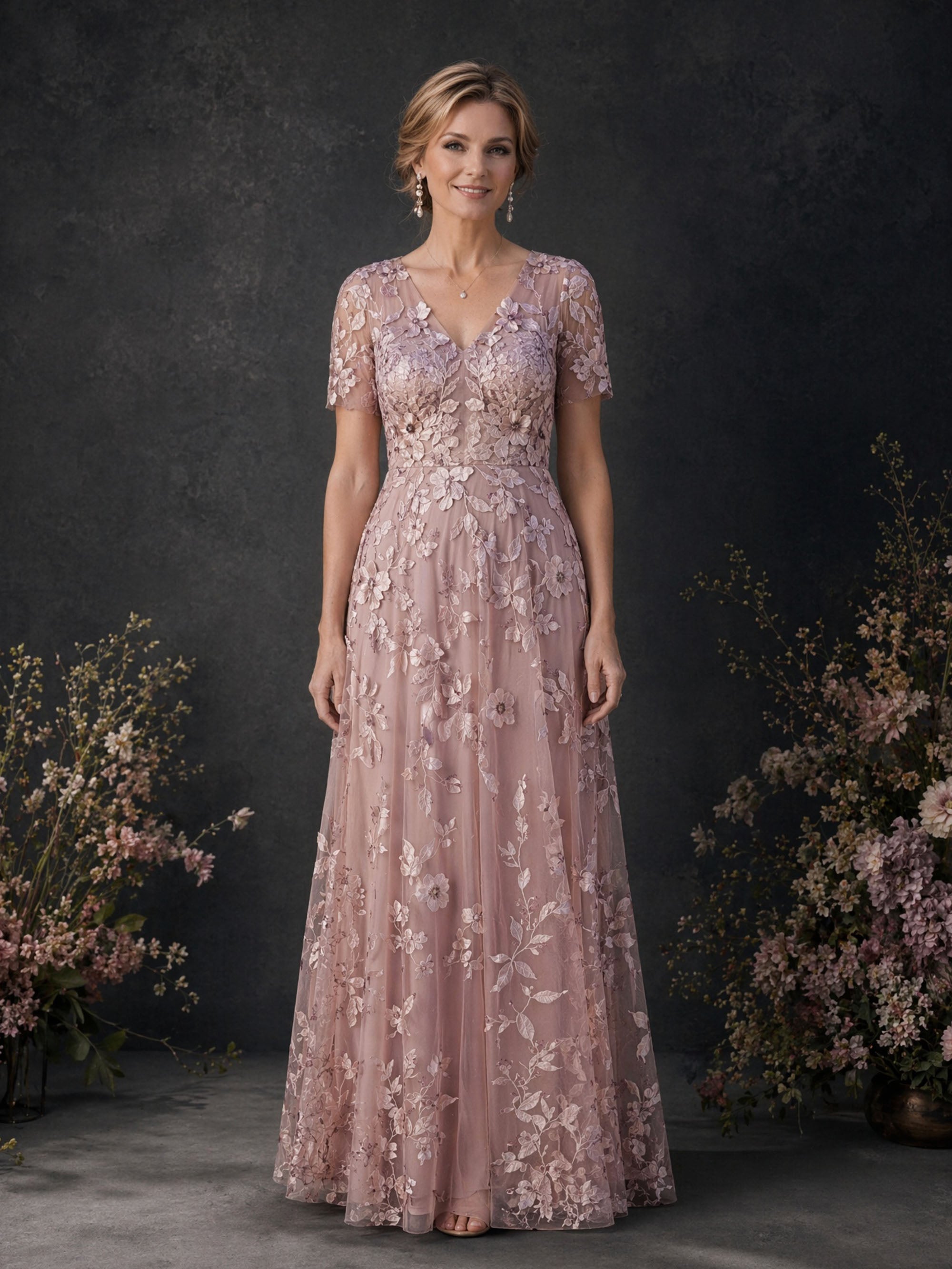 BOLODOO Rose Pink 3D Floral Embroidered Lace V-Neck Short Sleeve A-Line Maxi Dress - Front Full Length Static View