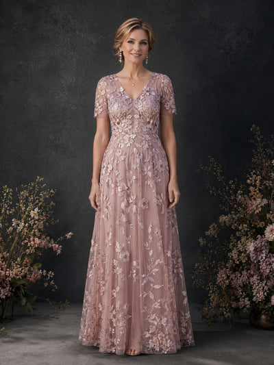 BOLODOO Rose Pink 3D Floral Embroidered Lace V-Neck Short Sleeve A-Line Maxi Dress - Front Full Length Static View
