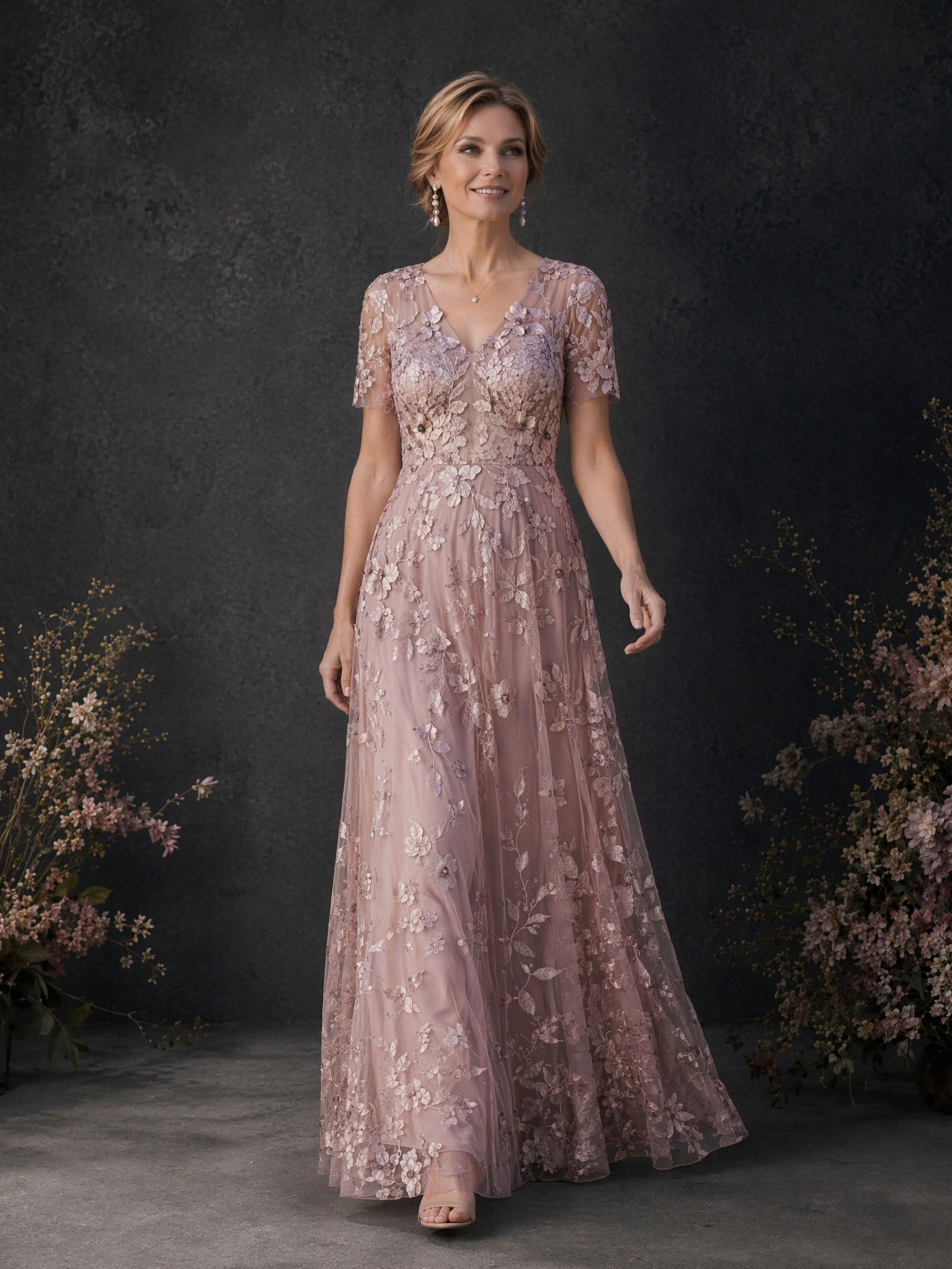BOLODOO Rose Pink 3D Floral Embroidered Lace V-Neck Short Sleeve A-Line Maxi Dress - Front Full Length Walking View showing Skirt Movement