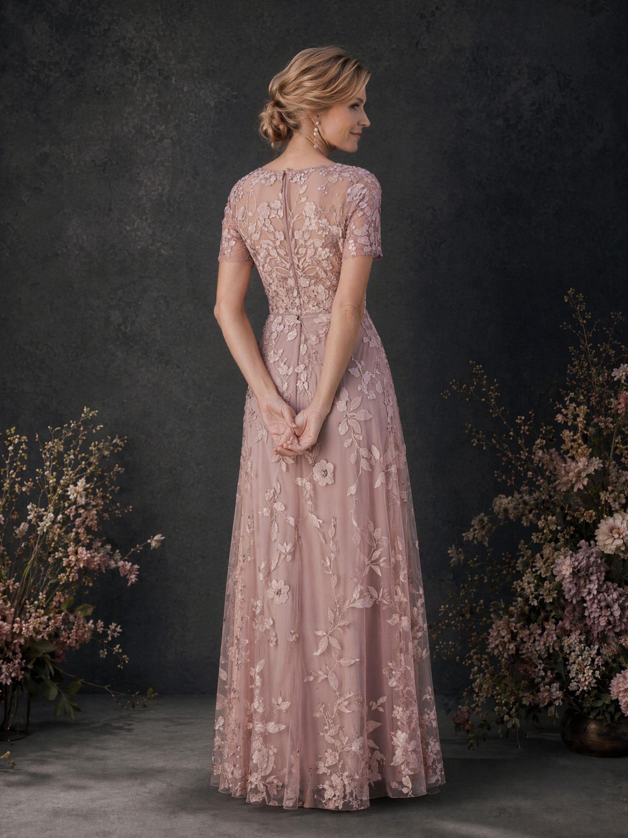 BOLODOO Rose Pink 3D Floral Embroidered Lace V-Neck Short Sleeve A-Line Maxi Dress - Back View showing Covered Back Short Sleeves and Full A-Line Skirt