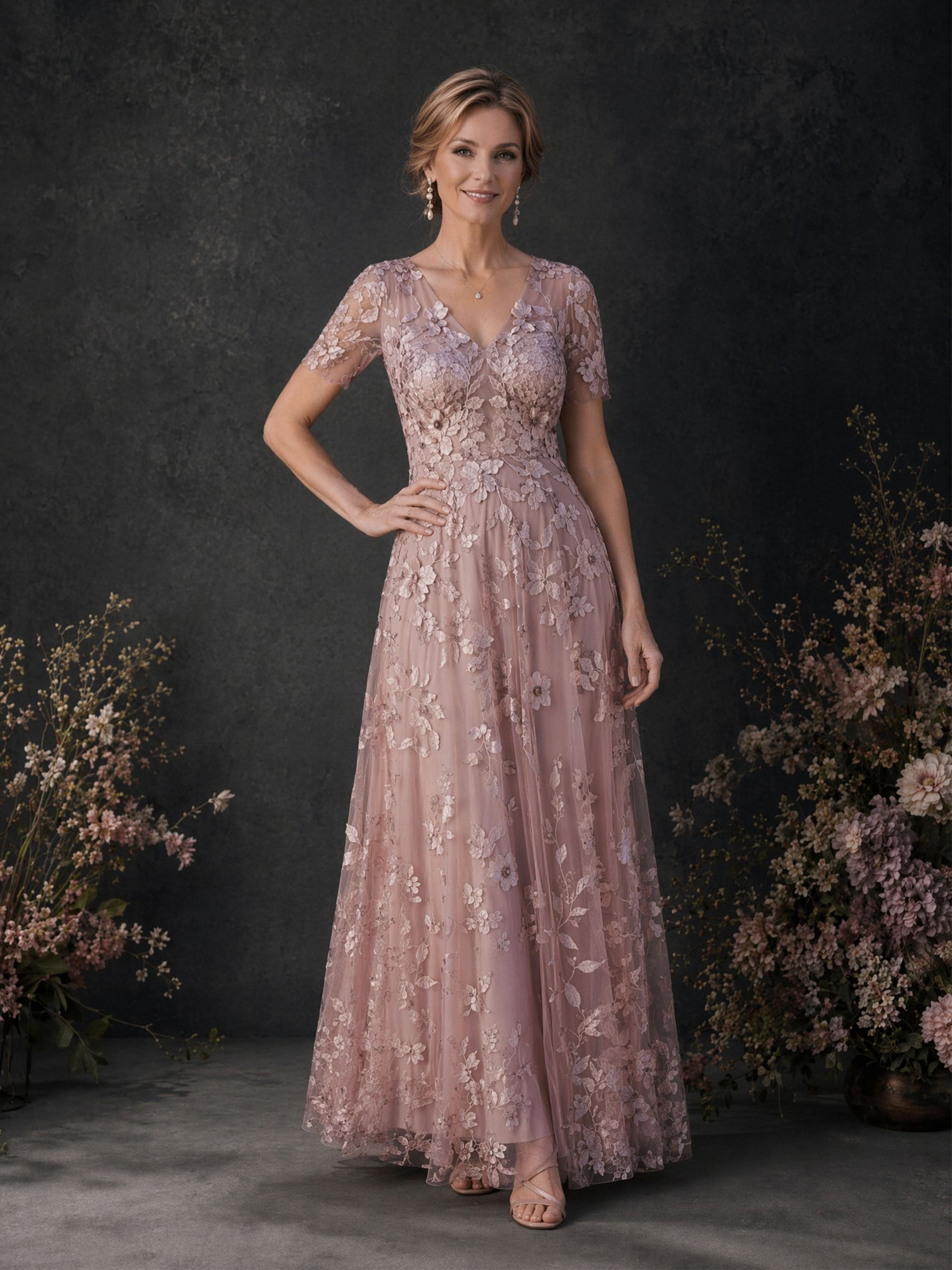 BOLODOO Rose Pink 3D Floral Embroidered Lace V-Neck Short Sleeve A-Line Maxi Dress - Front Full Length Hand on Hip Smiling View