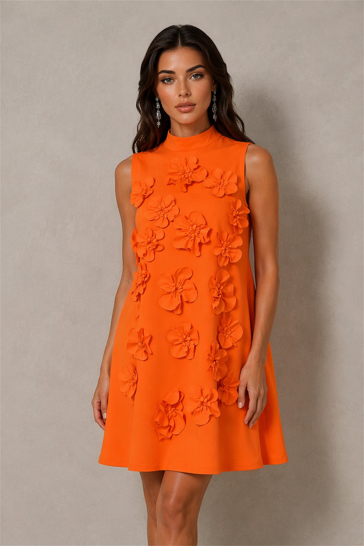 BOLODOO Orange 3D Floral Mock Neck Sleeveless Mini Dress | A-Line Party Dress 