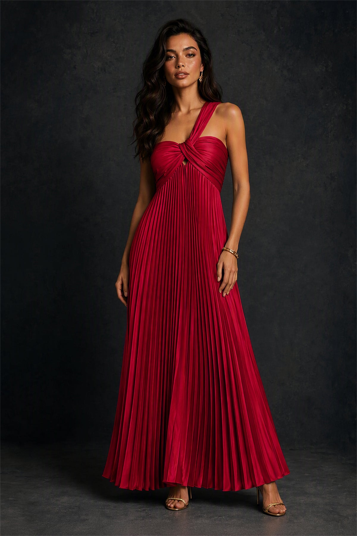 BOLODOO BD0026 One-Shoulder Twist Knot Pleated Satin Midi Dress with Cutout - BD0026
