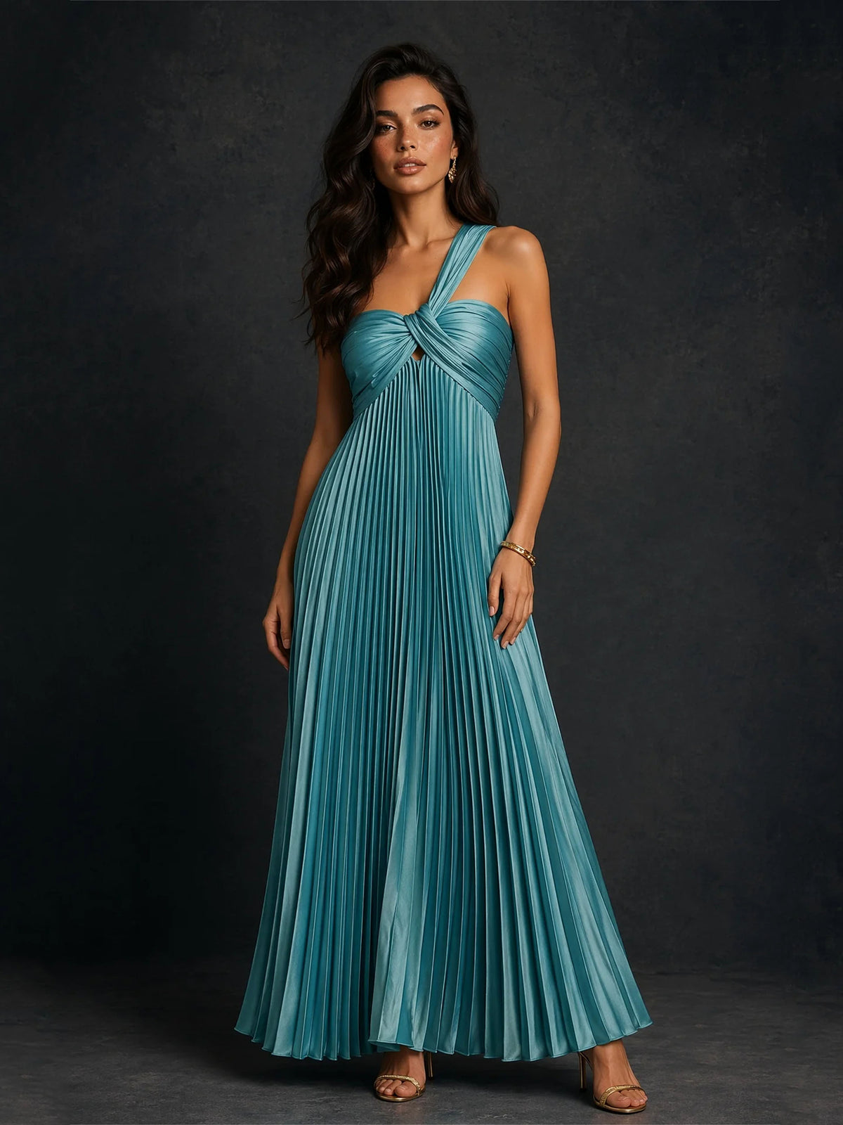 BOLODOO Teal One-Shoulder Twist Knot Pleated Satin Midi Dress with Cutout 