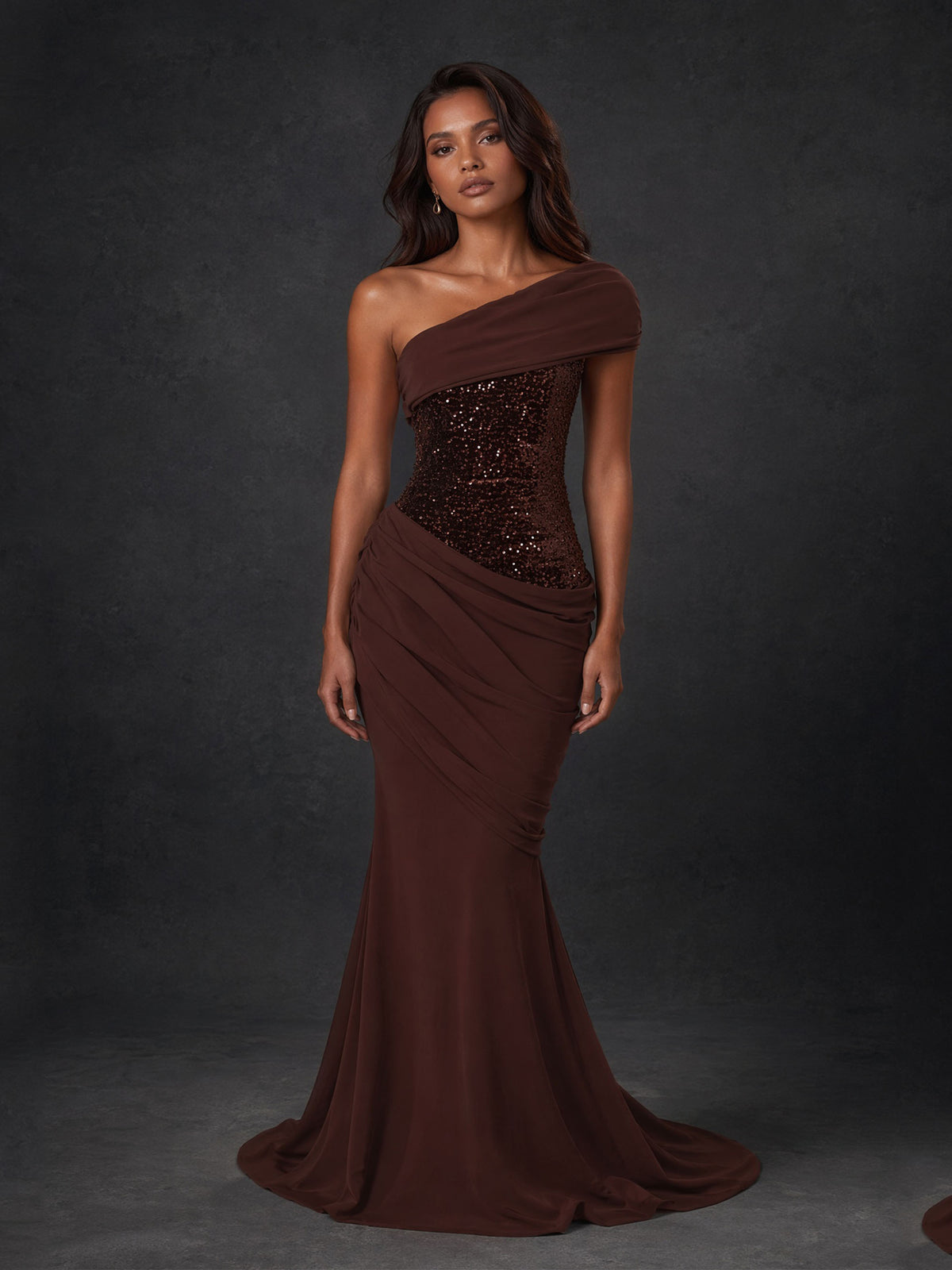 BOLODOO Chocolate Brown One-Shoulder Sequin Embroidered Ruched Mermaid Gown with Train 
