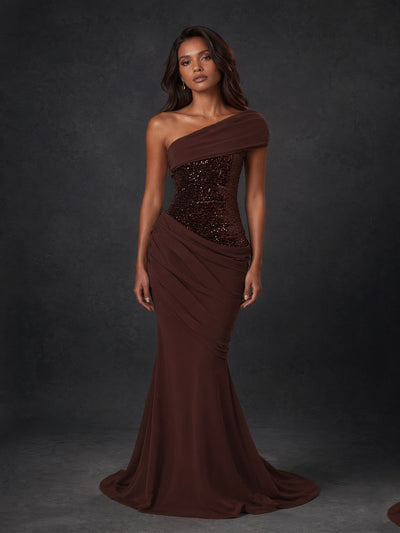 BOLODOO Chocolate Brown One-Shoulder Sequin Embroidered Ruched Mermaid Gown with Train 