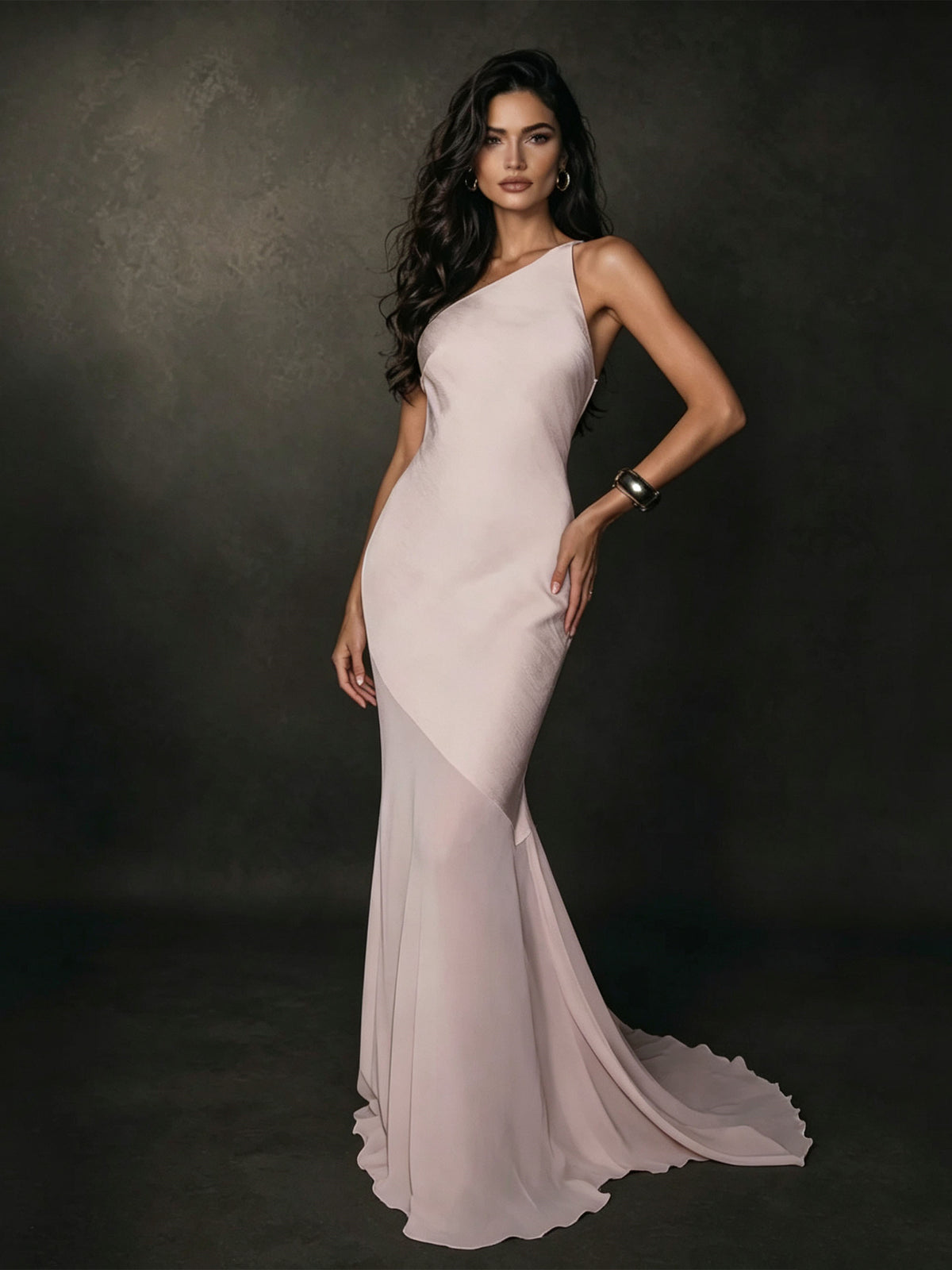 BOLODOO One Shoulder Mermaid Maxi Dress – Blush Pink Bodycon Evening Gown 