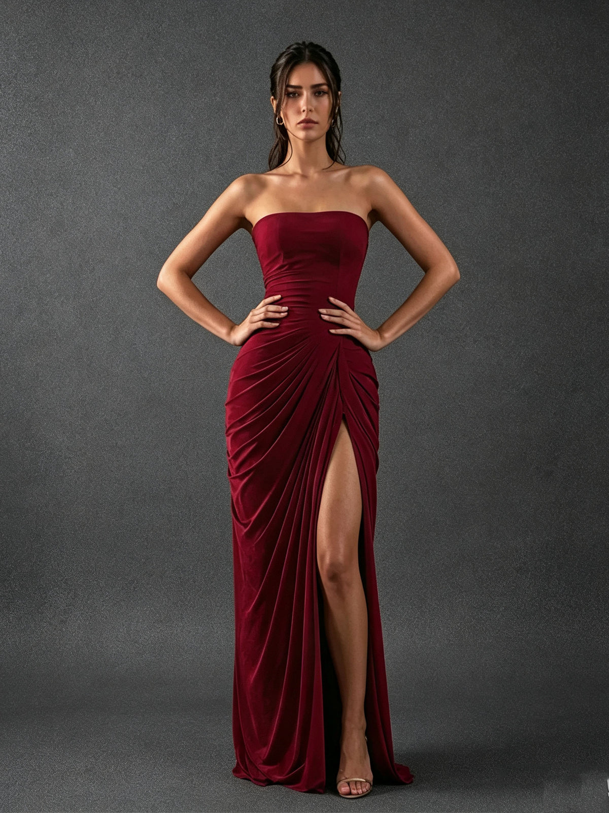 BOLODOO Strapless Draped Maxi Dress – Deep Red Backless Evening Gown with High Slit 