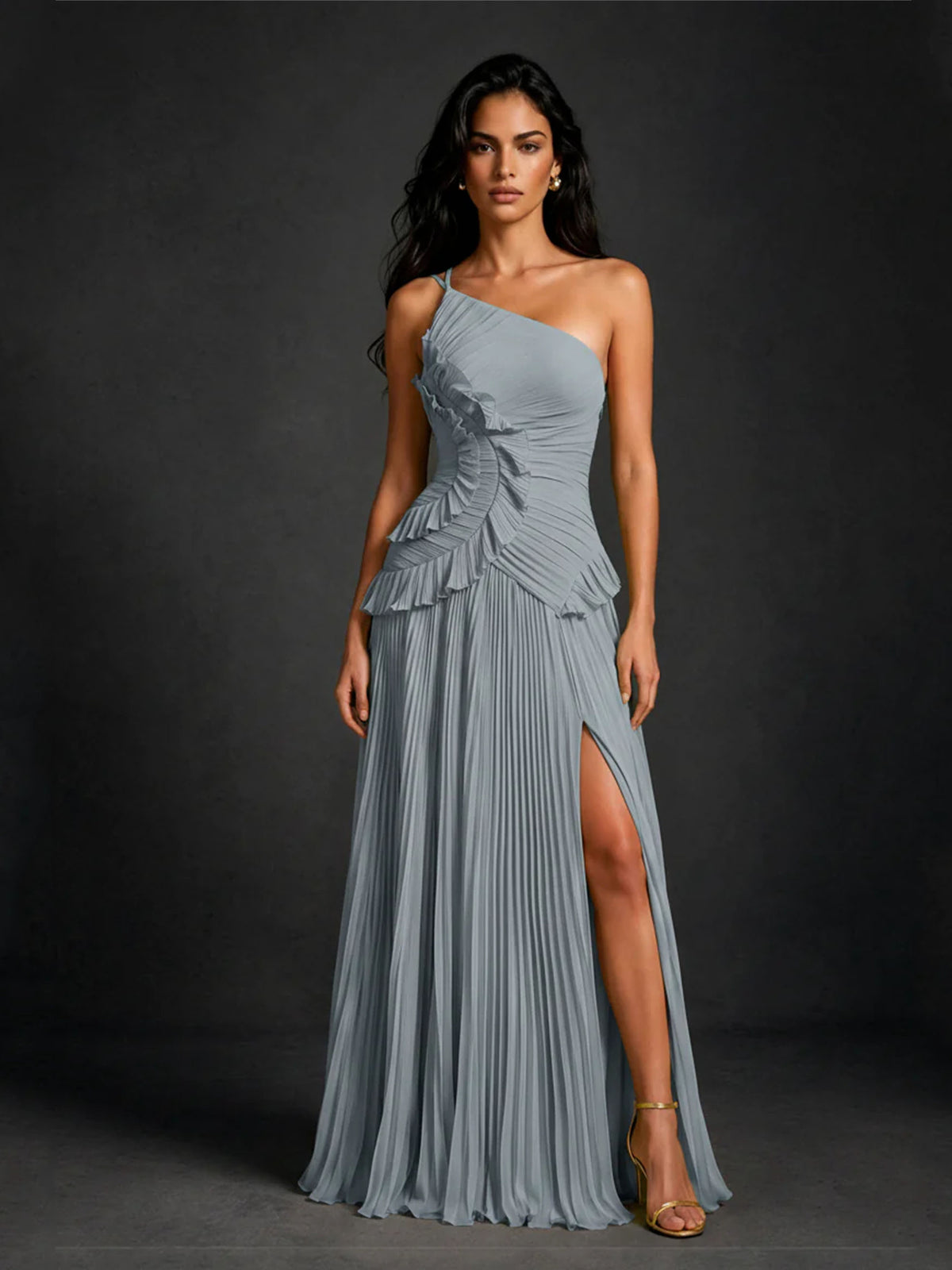 BOLODOO Dusty Blue One Shoulder Ruched Ruffle Peplum Pleated Maxi Dress with Front Slit and Open Back 