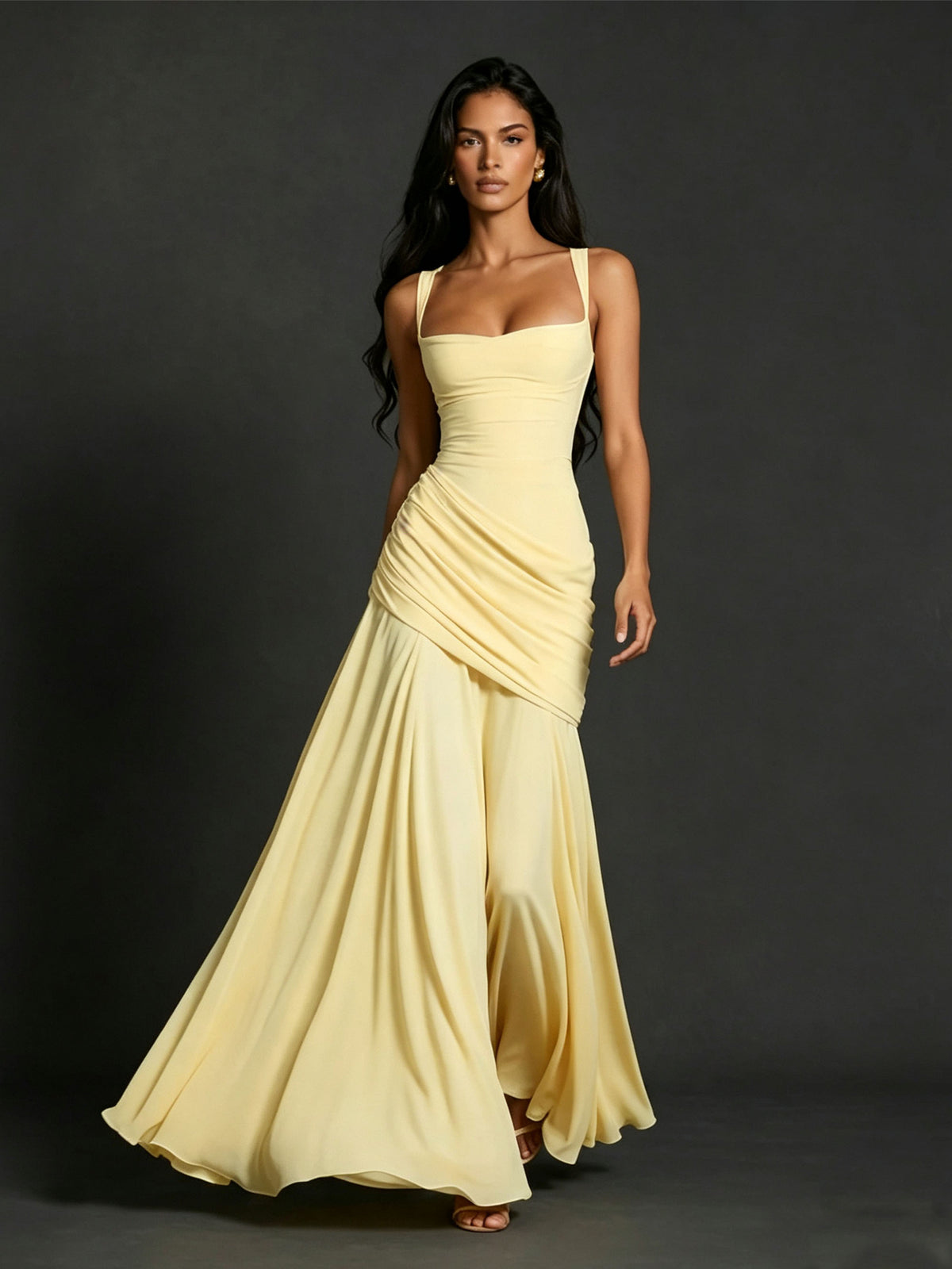 BOLODOO Square Neck Ruched A-Line Maxi Dress – Butter Yellow Backless Evening Gown 