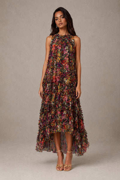BOLODOO Burgundy Multicolor Floral Pleated Chiffon Hi-Lo Maxi Dress 