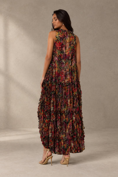 BOLODOO Burgundy Multicolor Floral Pleated Chiffon Hi-Lo Maxi Dress 