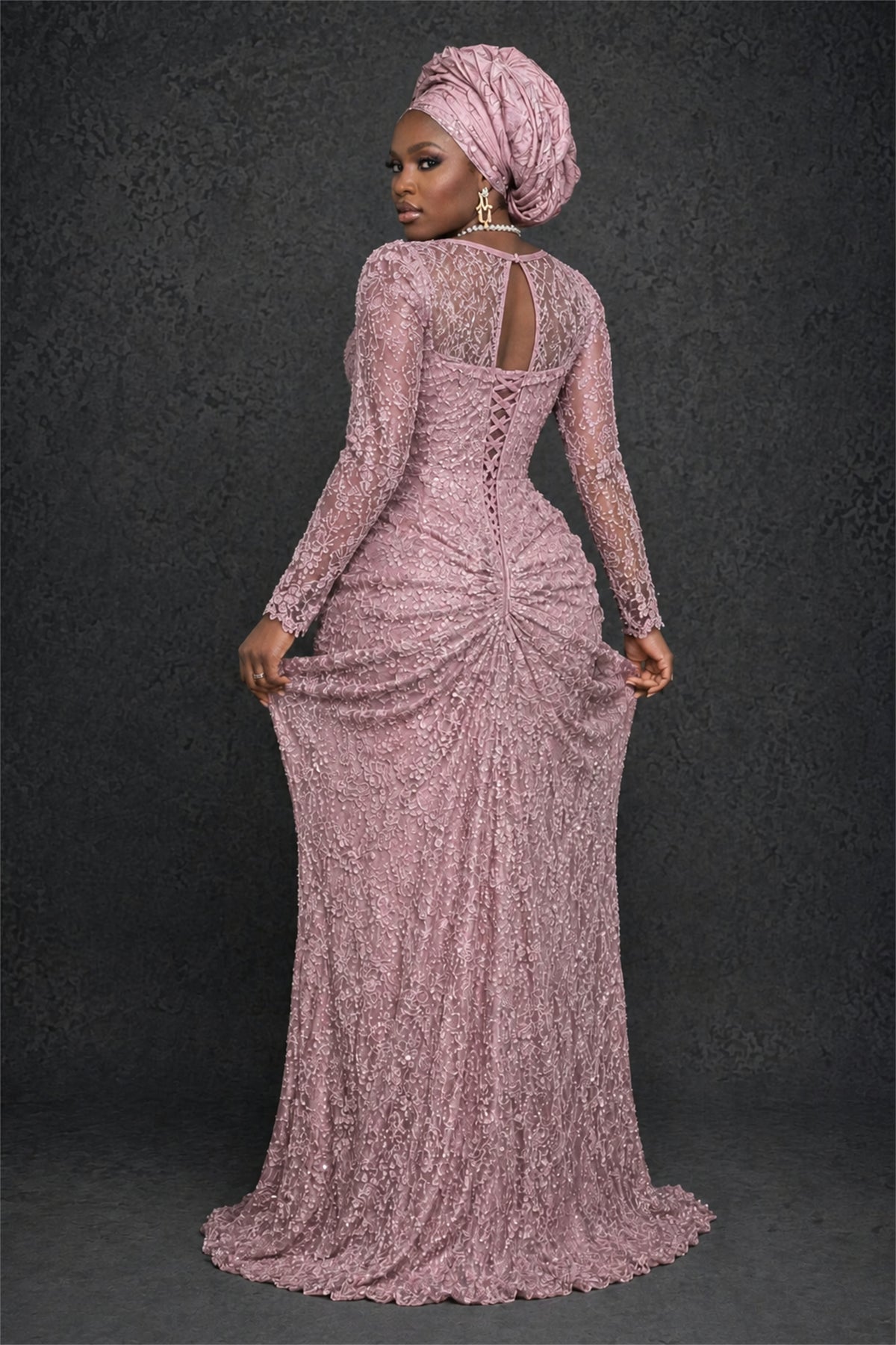 BOLODOO Dusty Mauve Beaded Lace Long Sleeve Mermaid Gown Sweetheart | Mother of the Bride 