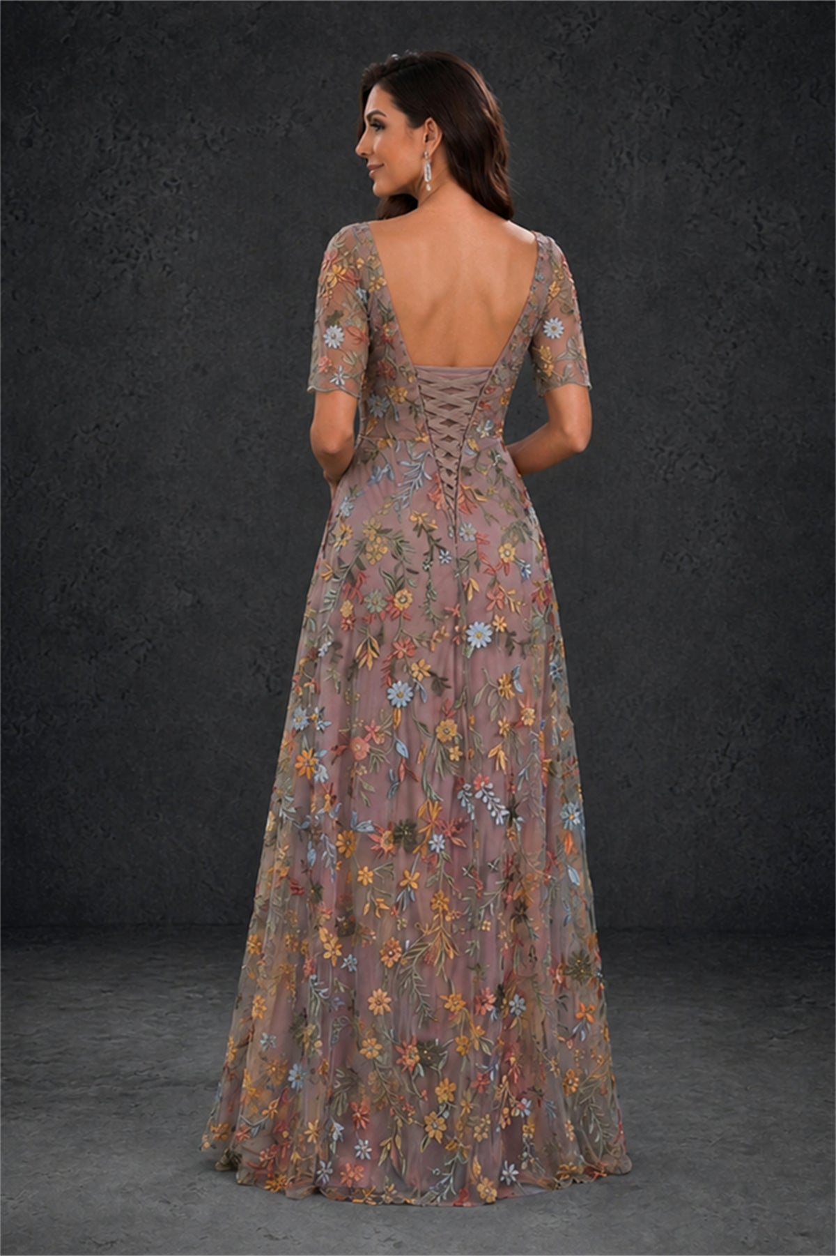 BOLODOO Dusty Mauve Multicolor Floral Embroidered Tulle Short Sleeve V-Neck A-Line Maxi Dress 