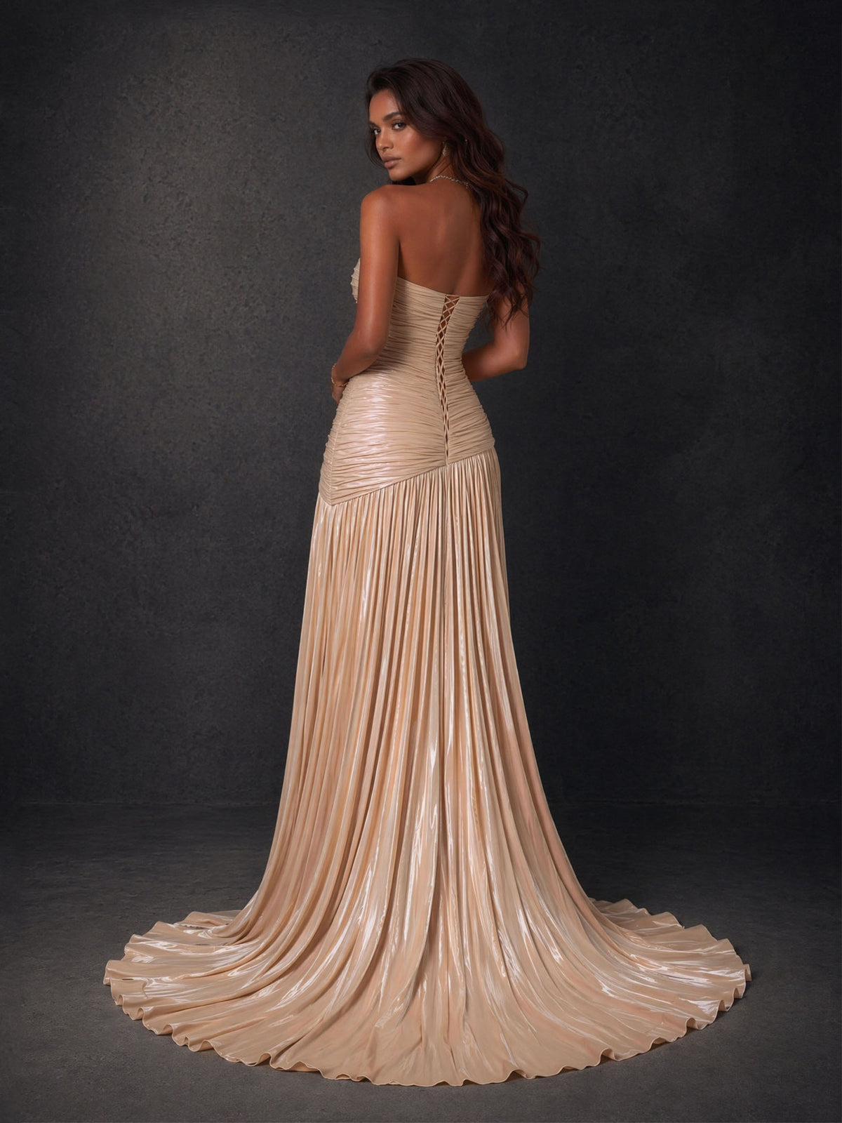 BOLODOO Champagne Gold Metallic Ruched Strapless Pleated A-Line Backless Maxi Dress with Train 