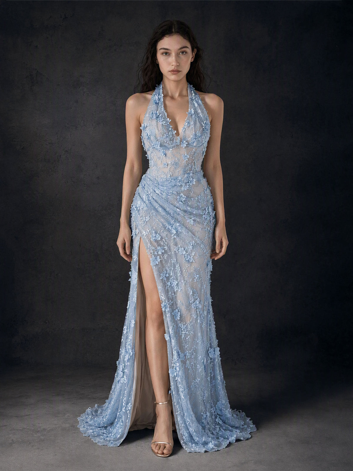 BOLODOO BD0169 Light Blue 3D Floral Lace Halter Mermaid Gown - Deep Open Back and Sweep Train Detail View