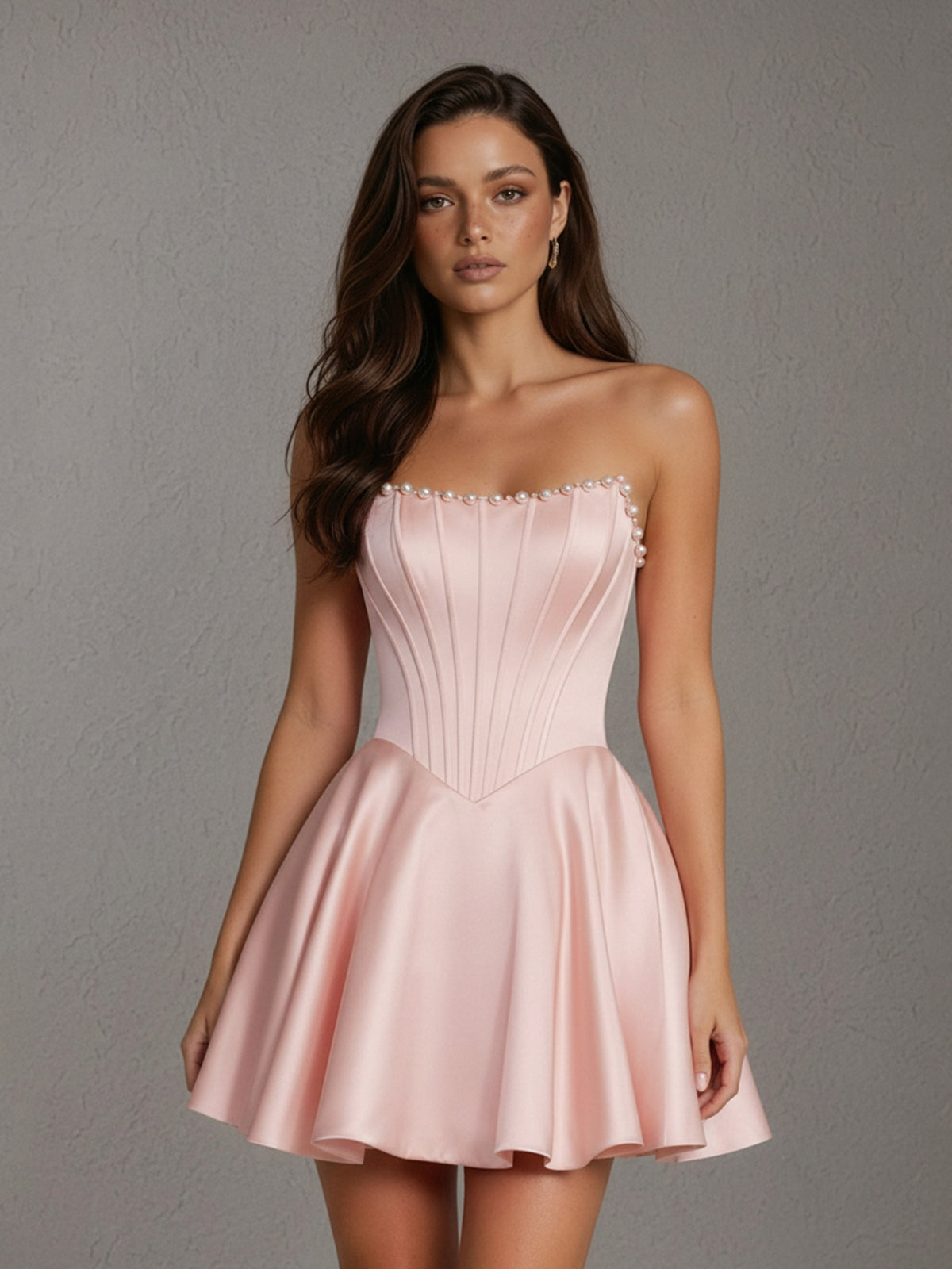 BOLODOO Blush Pink Satin Pearl Trim Strapless Corset Mini Dress - Back Open Back View