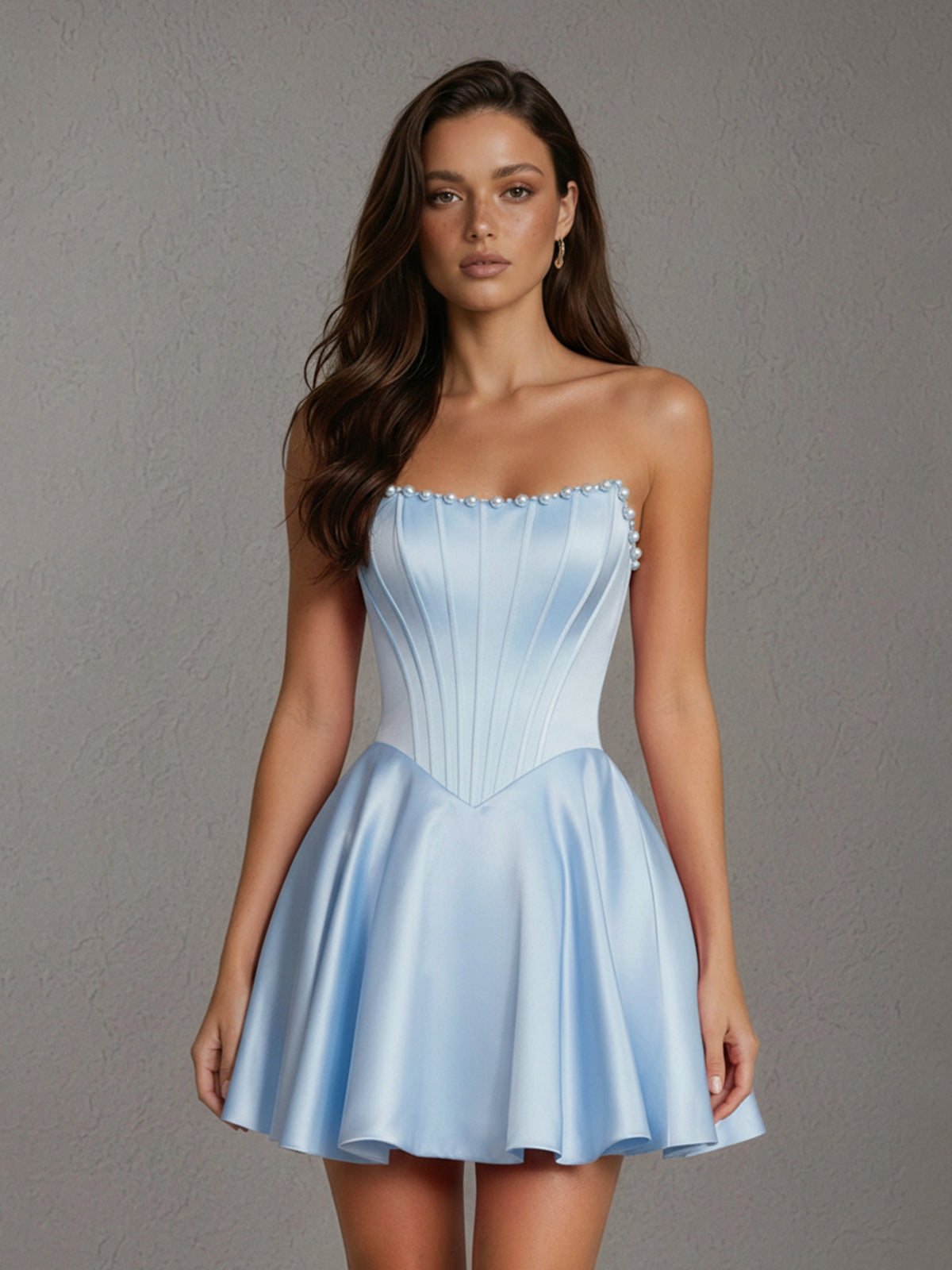 BOLODOO Light Blue Satin Pearl Trim Strapless Corset Mini Dress - Front Full Length View