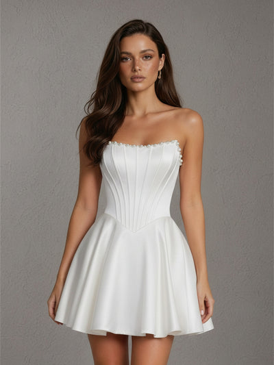 BOLODOO White Satin Pearl Trim Strapless Corset Mini Dress - Back Open Back View