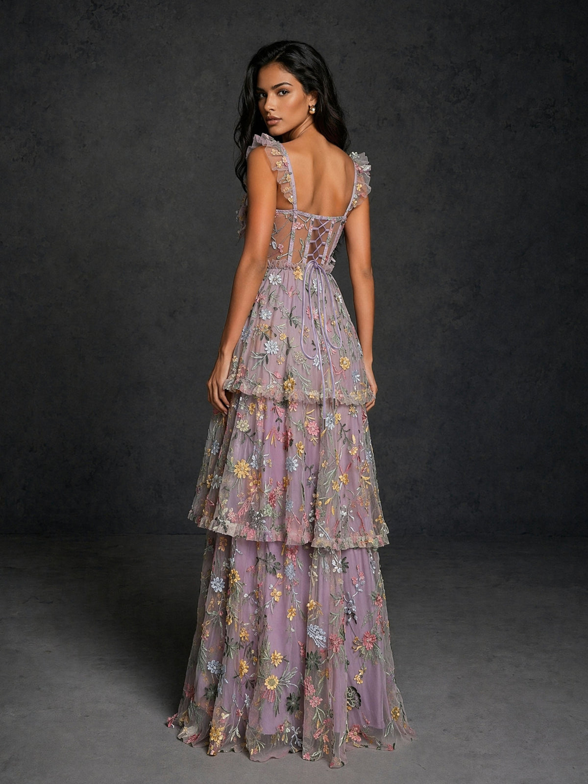 BOLODOO Lavender Multicolor Floral Embroidered Tulle Ruffle Strap Tiered Maxi Dress with Front Slit and Open Back 