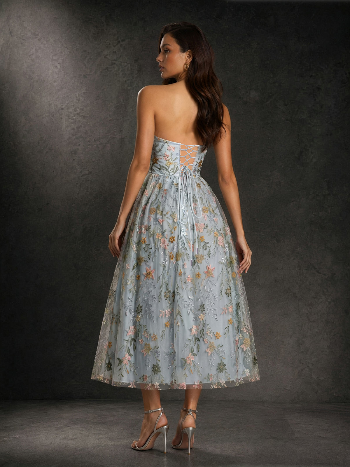 BOLODOO Dusty Blue Floral Embroidered Sequin Tulle Strapless Corset A-Line Tea Length Midi Dress 