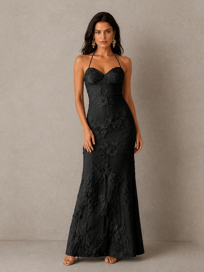 BOLODOO BD0257 black halter sweetheart floral embroidered lace-up open back maxi dress - full length front view