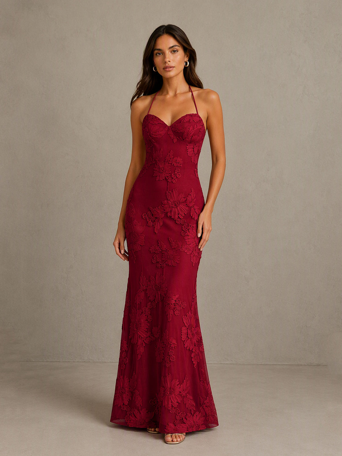 BOLODOO BD0257 burgundy halter sweetheart floral embroidered lace-up open back maxi dress - full length front view standing