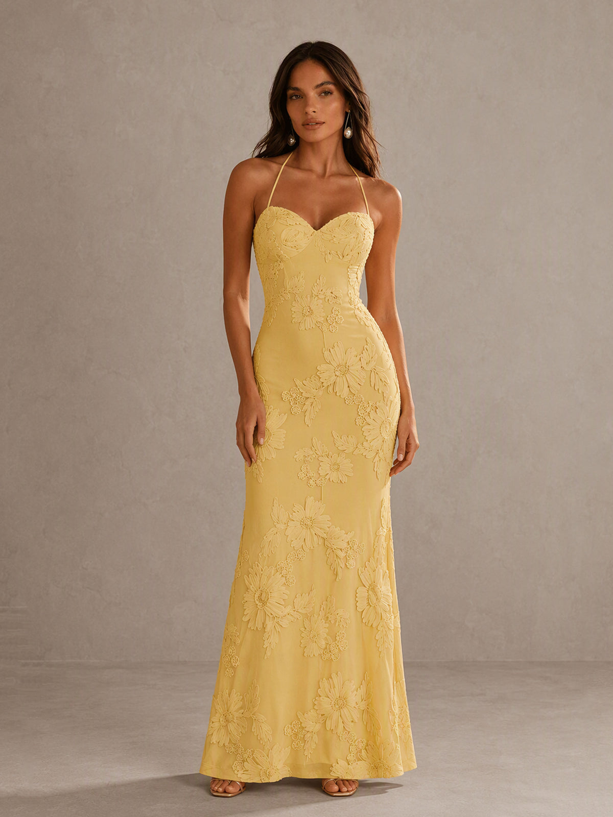 BOLODOO BD0257 gold halter sweetheart floral embroidered lace-up open back maxi dress - full length front view standing