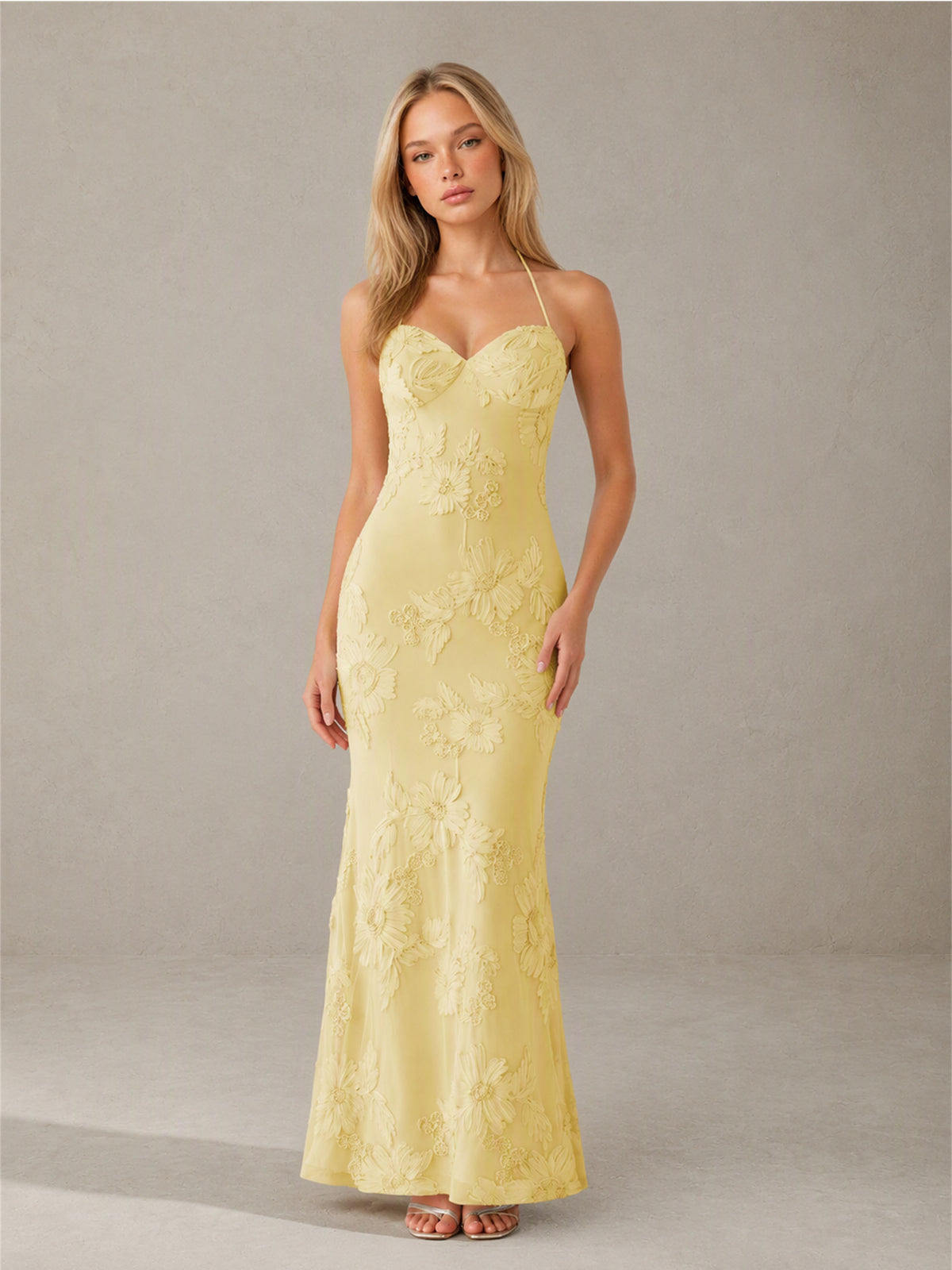 BOLODOO BD0257 butter yellow floral embroidered halter maxi dress - full length front view walking pose showing mermaid skirt movement
