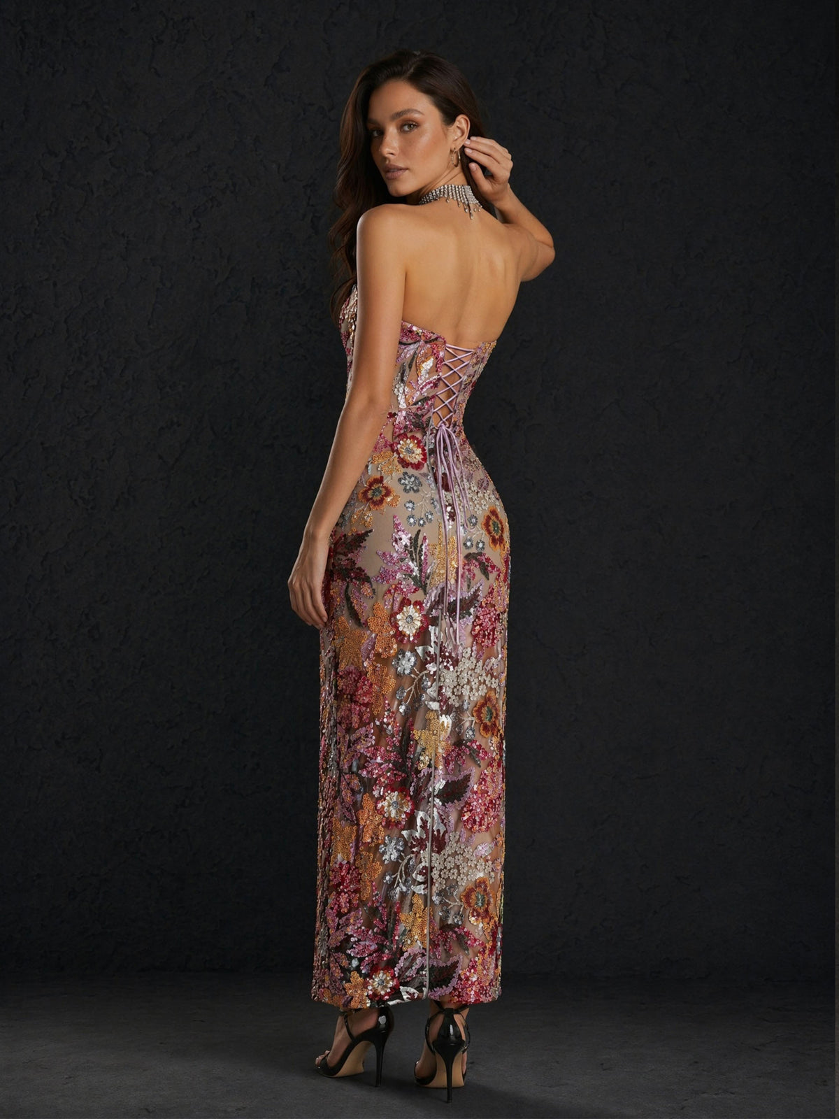 BOLODOO Multicolor Floral Sequin Beaded Embroidered Mesh Sweetheart Open Back Bodycon Midi Dress 