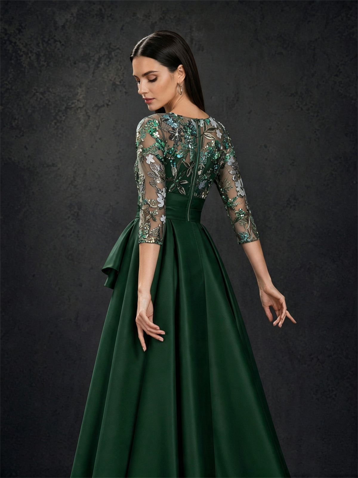 BOLODOO Emerald Green 3/4 Sleeve Sequin Illusion Bodice Satin A-Line Gown with Front Slit 