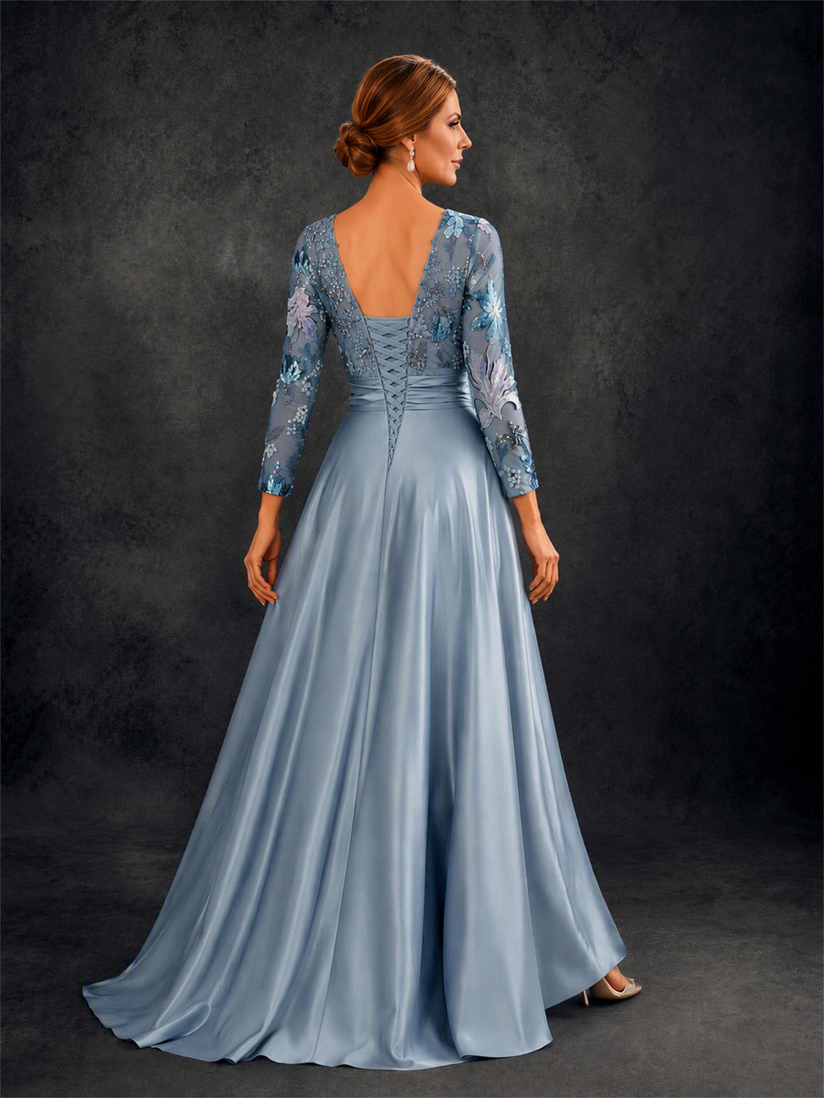 BOLODOO Dusty Blue 3/4 Sleeve Sequin Floral Illusion Bodice Satin A-Line Formal Gown 