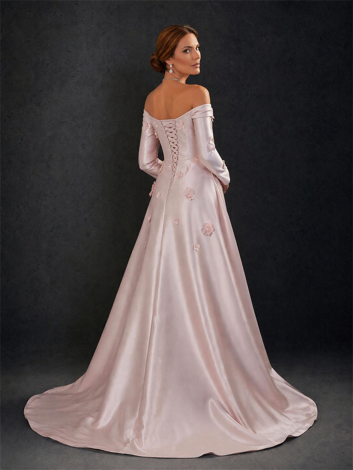 BOLODOO Blush Pink Off-Shoulder Long Sleeve 3D Floral Applique Satin Mermaid Gown with Detachable Overskirt Train 