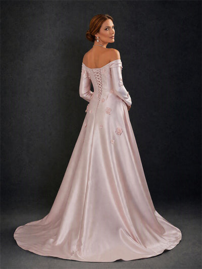 BOLODOO Blush Pink Off-Shoulder Long Sleeve 3D Floral Applique Satin Mermaid Gown with Detachable Overskirt Train 
