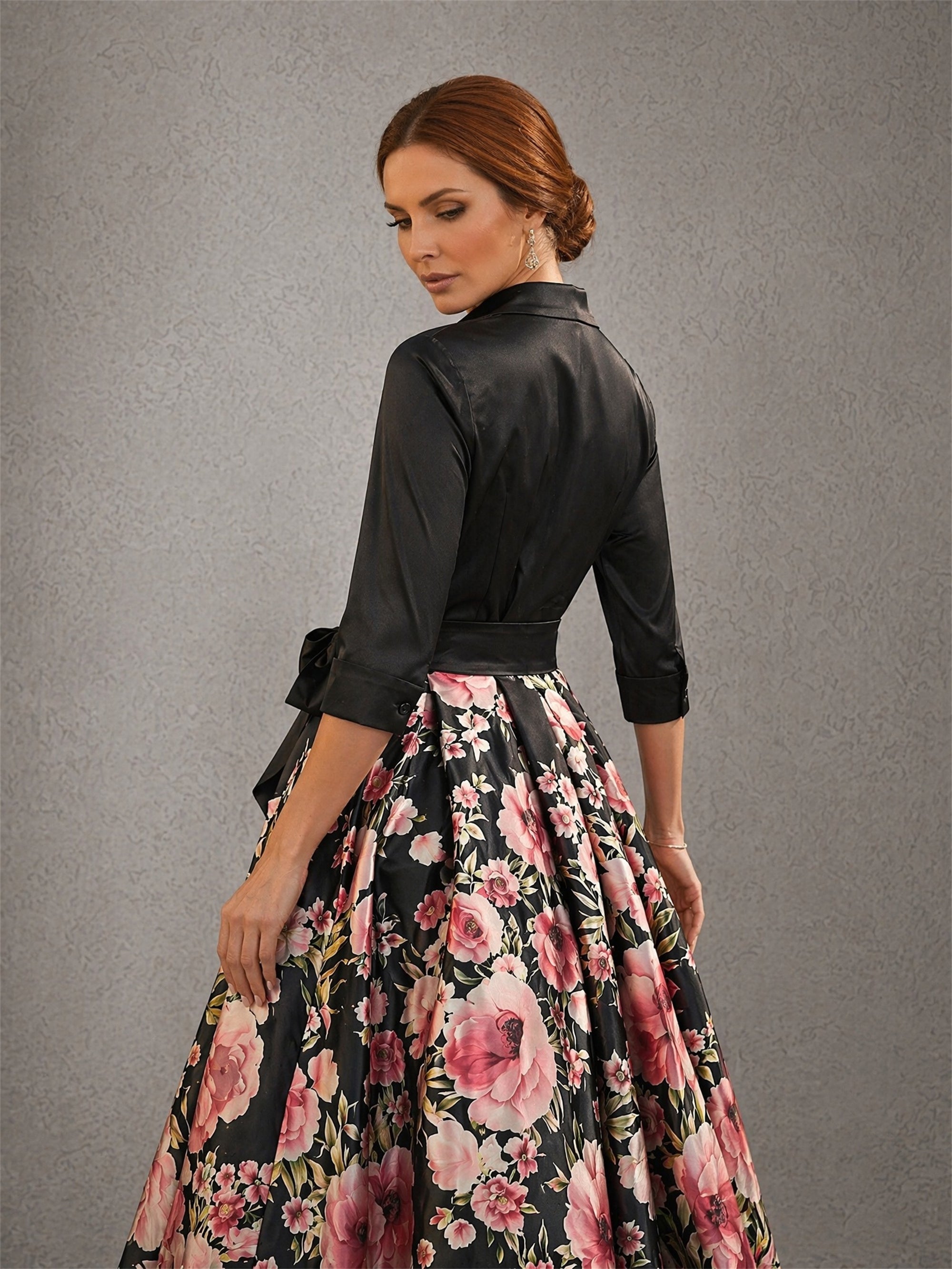BOLODOO Black Satin Top & Floral Print Ball Gown Skirt Two-Piece Set – Front View Full Length