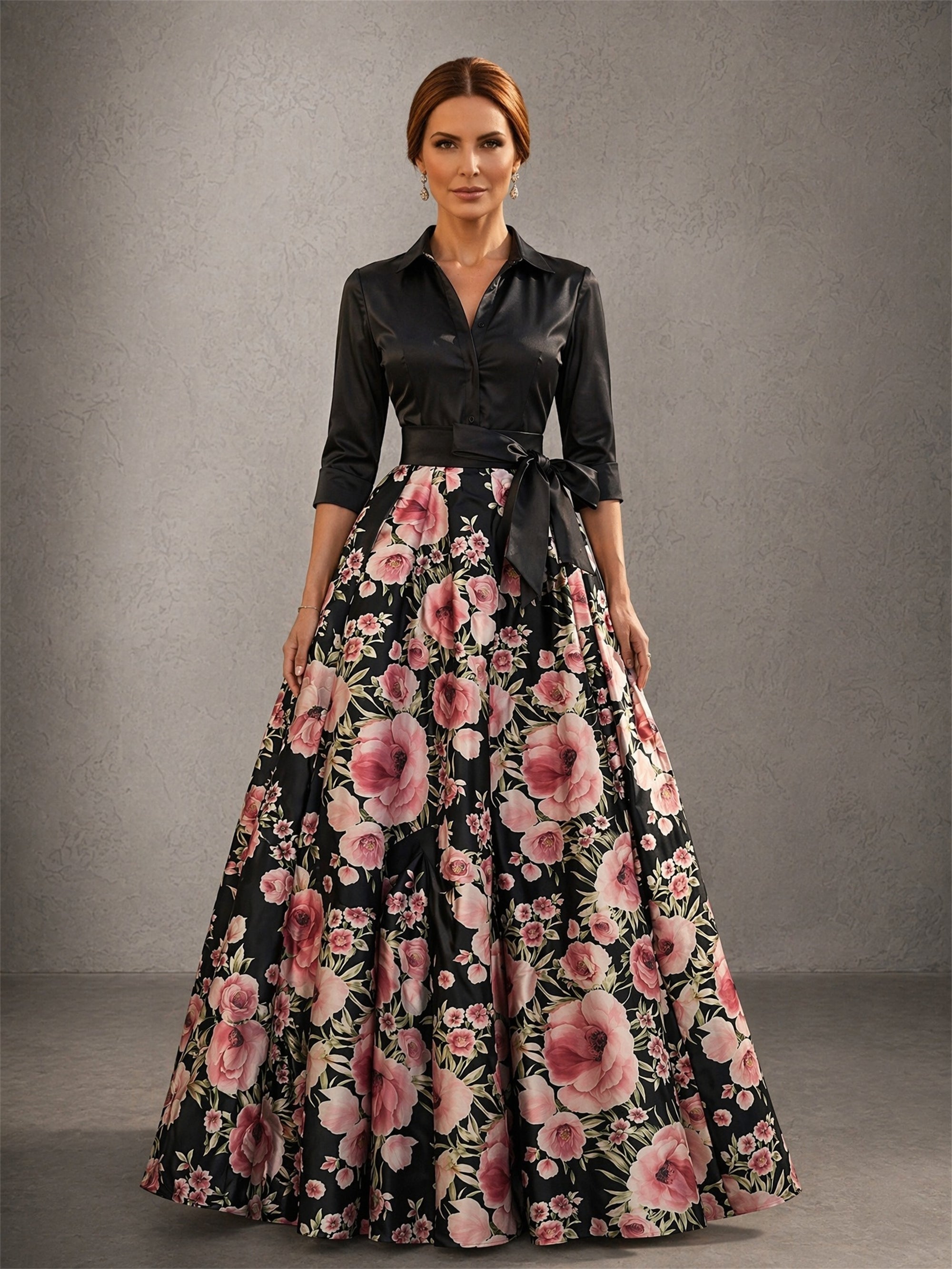 BOLODOO Black Satin Top & Floral Print Ball Gown Skirt Two-Piece Set – Front View Relaxed Pose Showing Skirt Volume