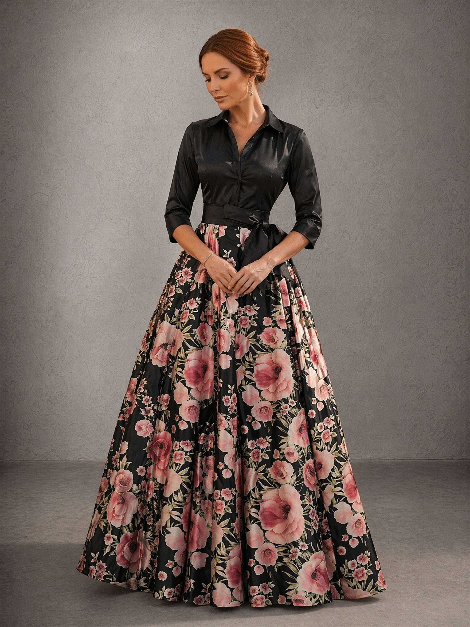 BOLODOO Black Satin Top & Floral Print Ball Gown Skirt Two-Piece Set – Back View Showing Bow Belt & Skirt Fullness