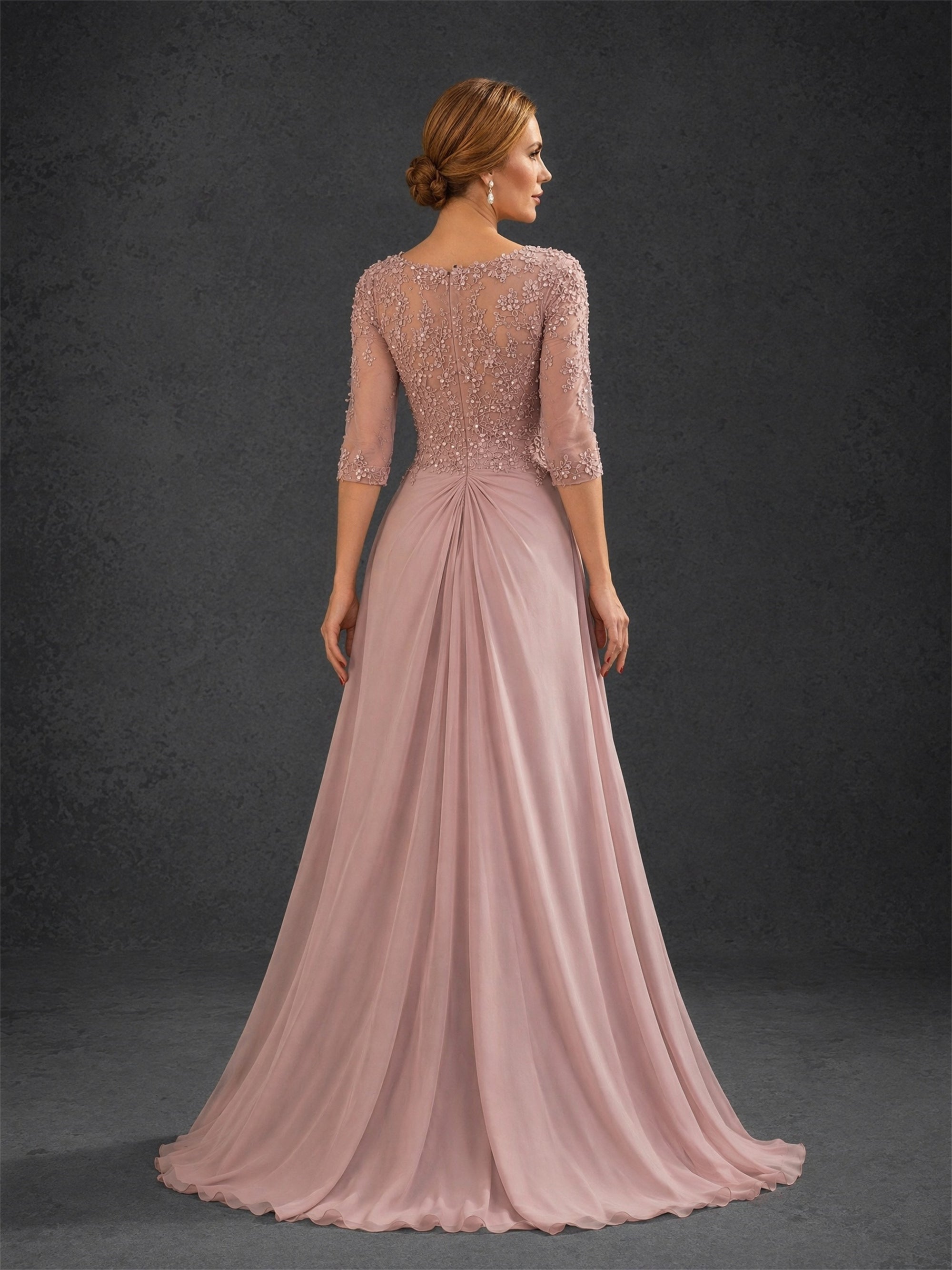 BOLODOO Dusty Pink Sweetheart Neck Floral Lace Illusion Bodice Chiffon A-Line Gown – Front View Full Length with Draped Overlay