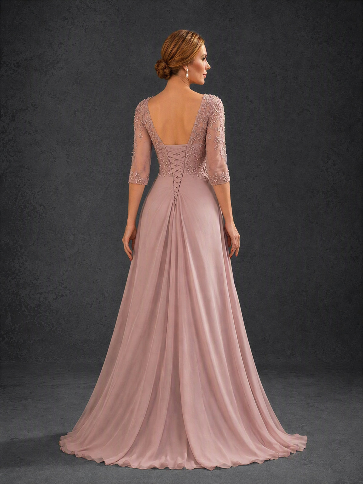 BOLODOO Dusty Rose Sweetheart Neck 3/4 Sleeve Floral Lace Illusion Bodice Chiffon A-Line Gown 