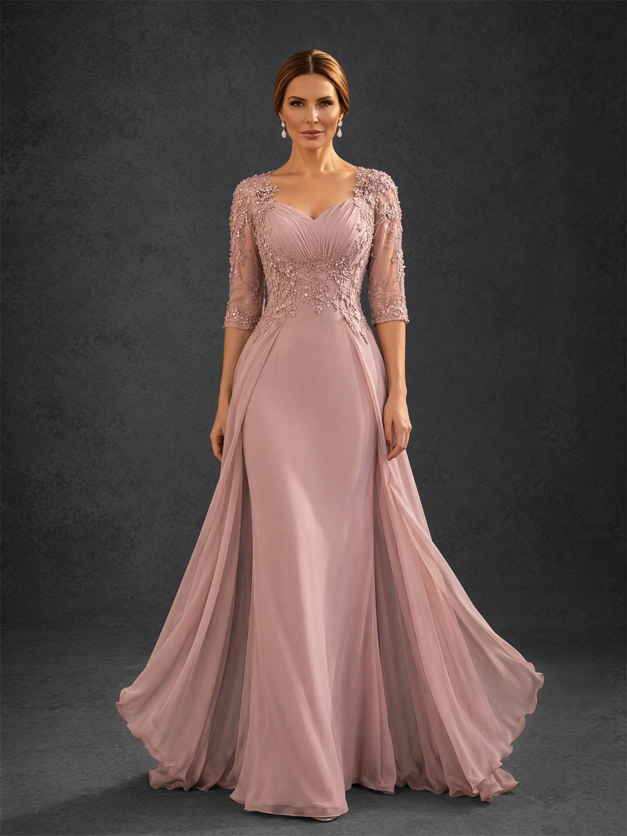 BOLODOO Dusty Pink Sweetheart Neck Floral Lace Illusion Bodice Chiffon A-Line Gown – Front View Full Length Walking Pose