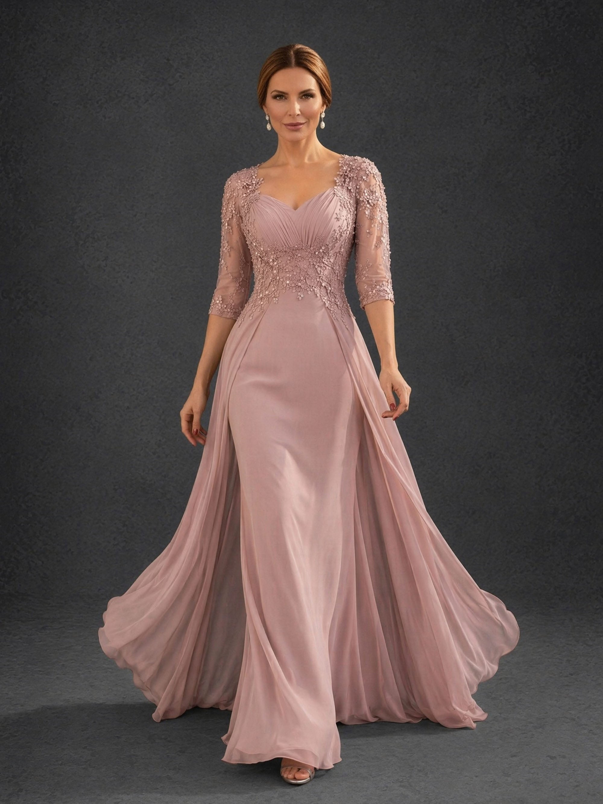 BOLODOO Dusty Pink Sweetheart Neck Floral Lace Illusion Bodice Chiffon A-Line Gown – Front View Showing Lace Bodice & Overlay Movement