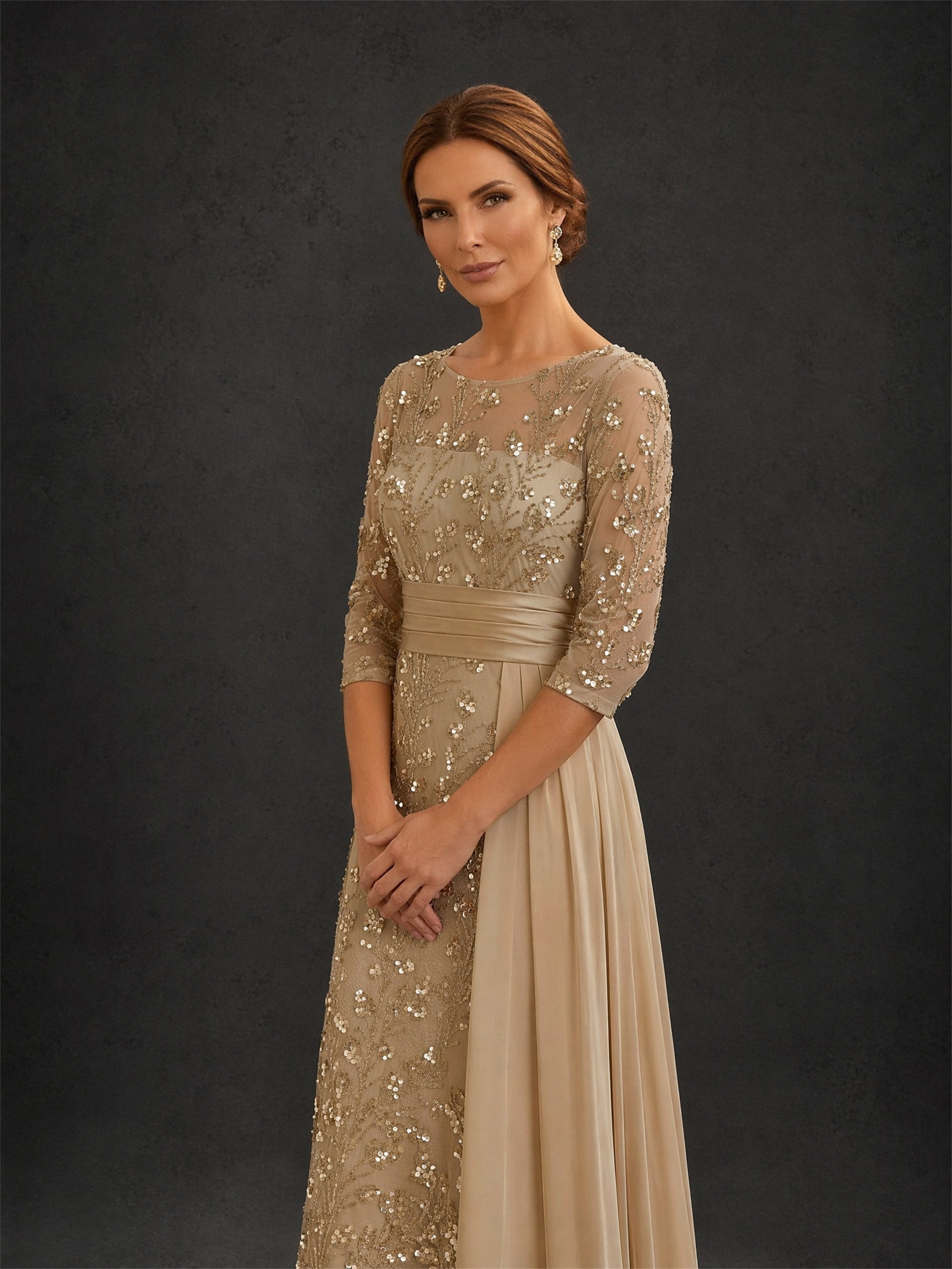 BOLODOO Champagne Gold All-Over Sequin Floral Embroidered Sheath Gown – Upper Body Bateau Neck & Sequin Detail Close-Up