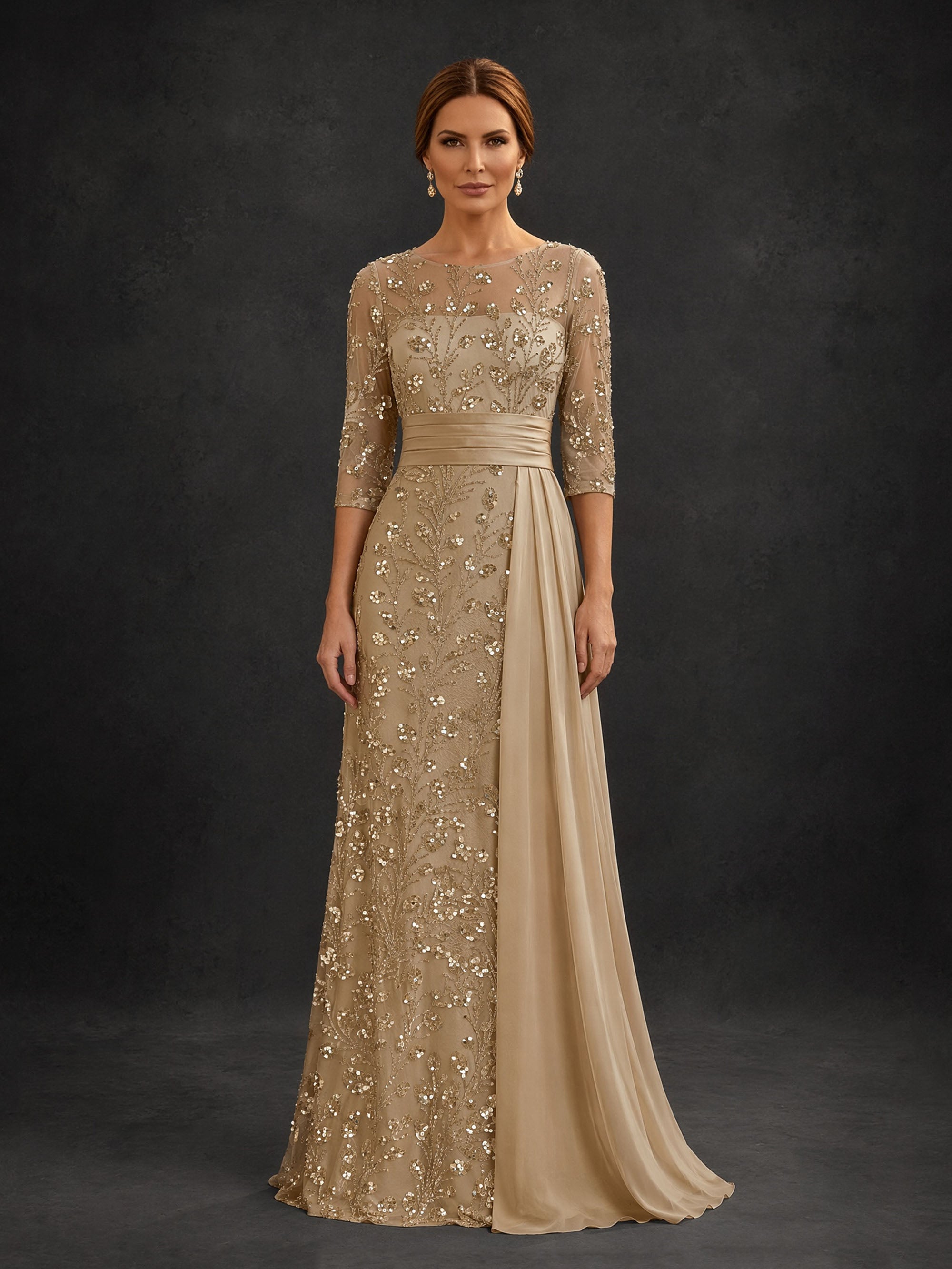 BOLODOO Champagne Gold All-Over Sequin Floral Embroidered Sheath Gown – Front View Full Length with Chiffon Side Overlay