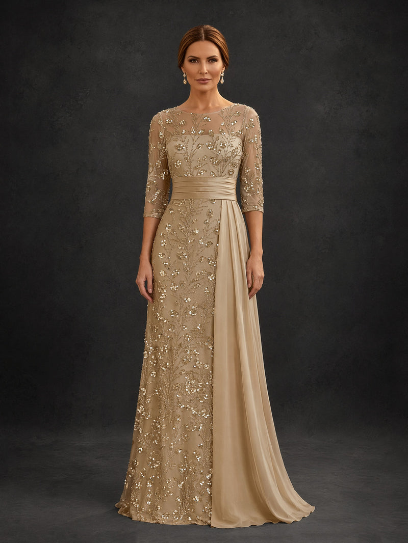 BOLODOO Champagne Gold All-Over Sequin Floral Embroidered Sheath Gown – Front View Full Length with Chiffon Side Overlay